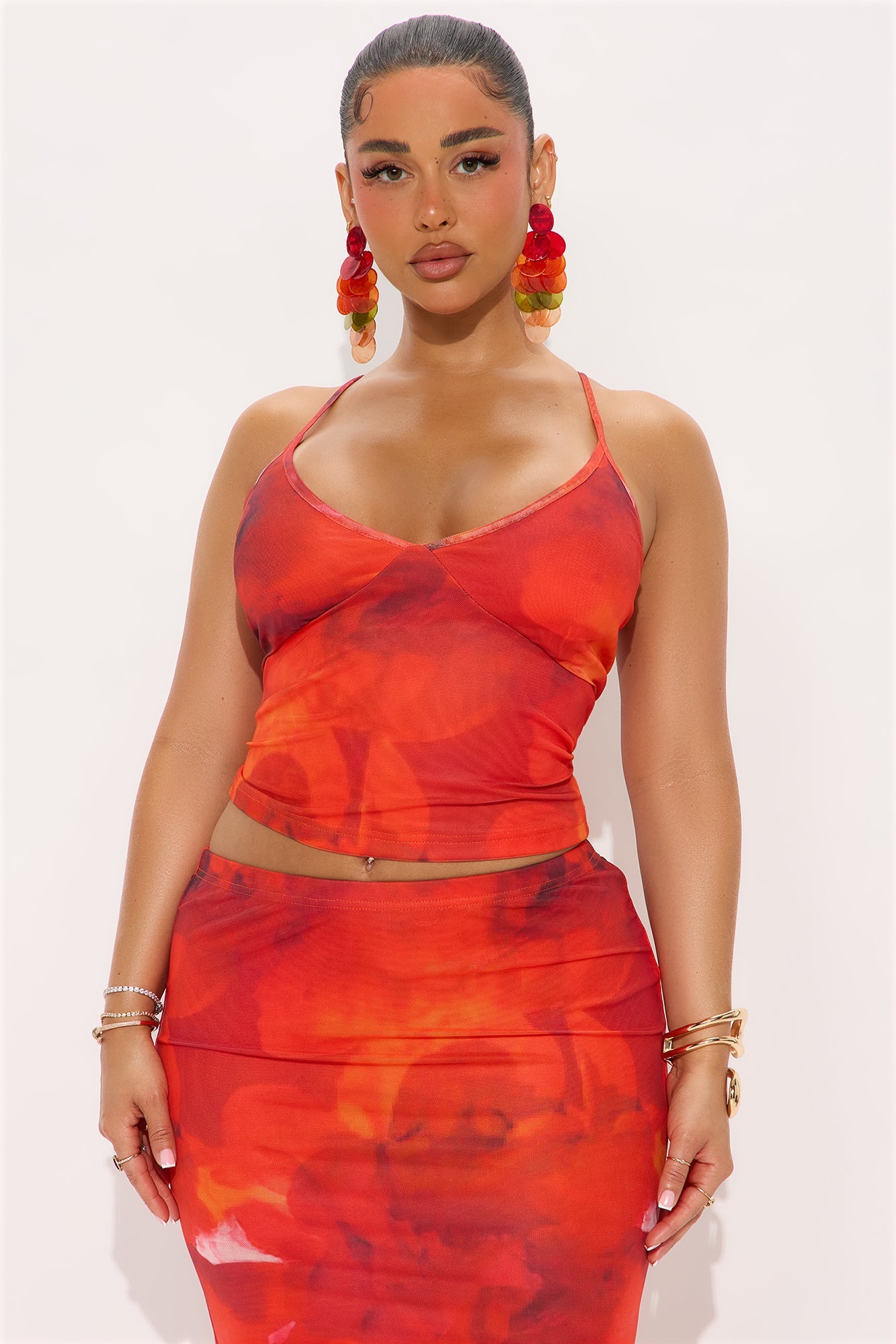 Coastal Mesh Cami Top and Maxi Skirt Set - Red/combo