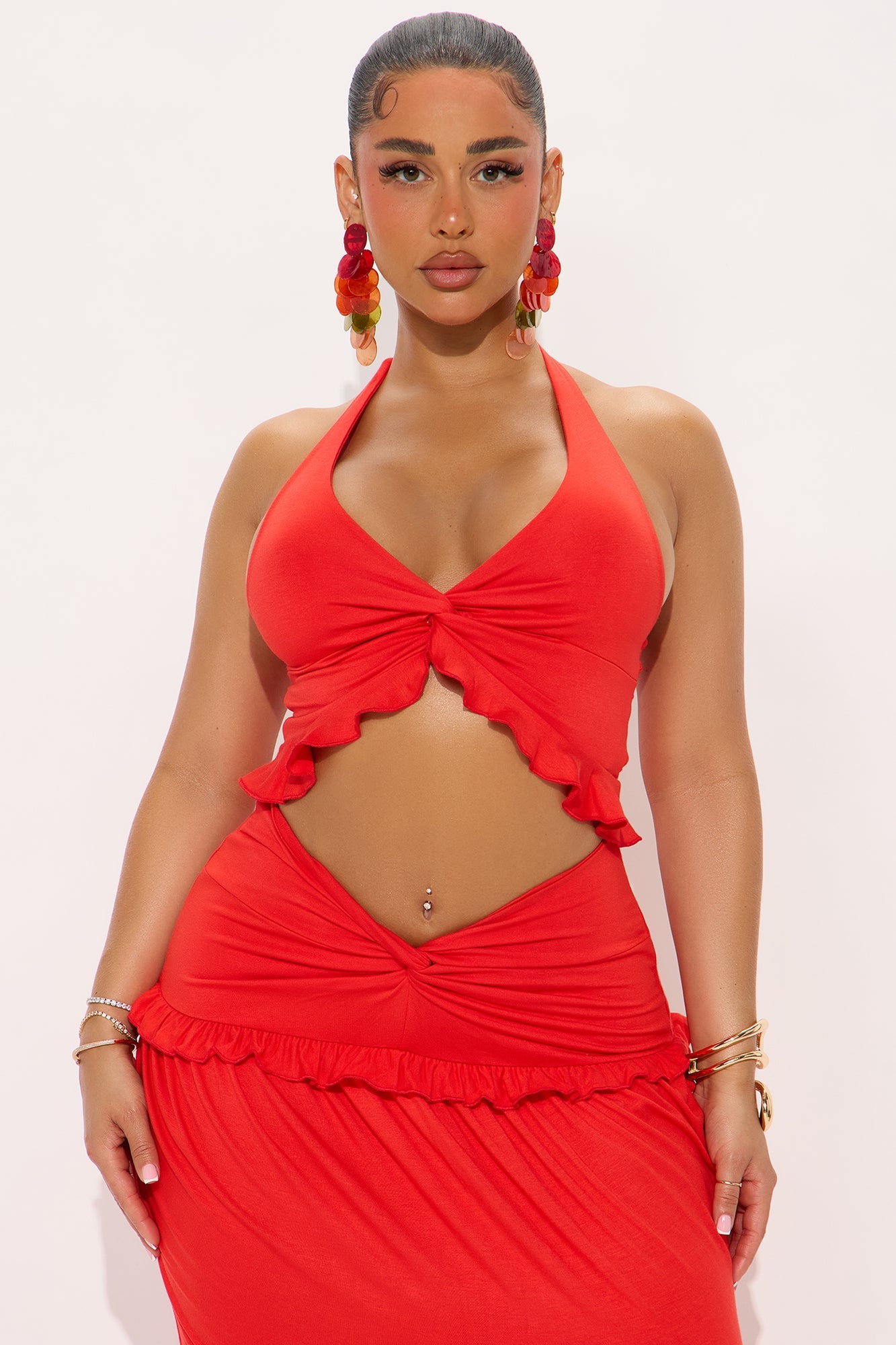Wanderlust Halter Maxi Skirt Set - Tomato Red