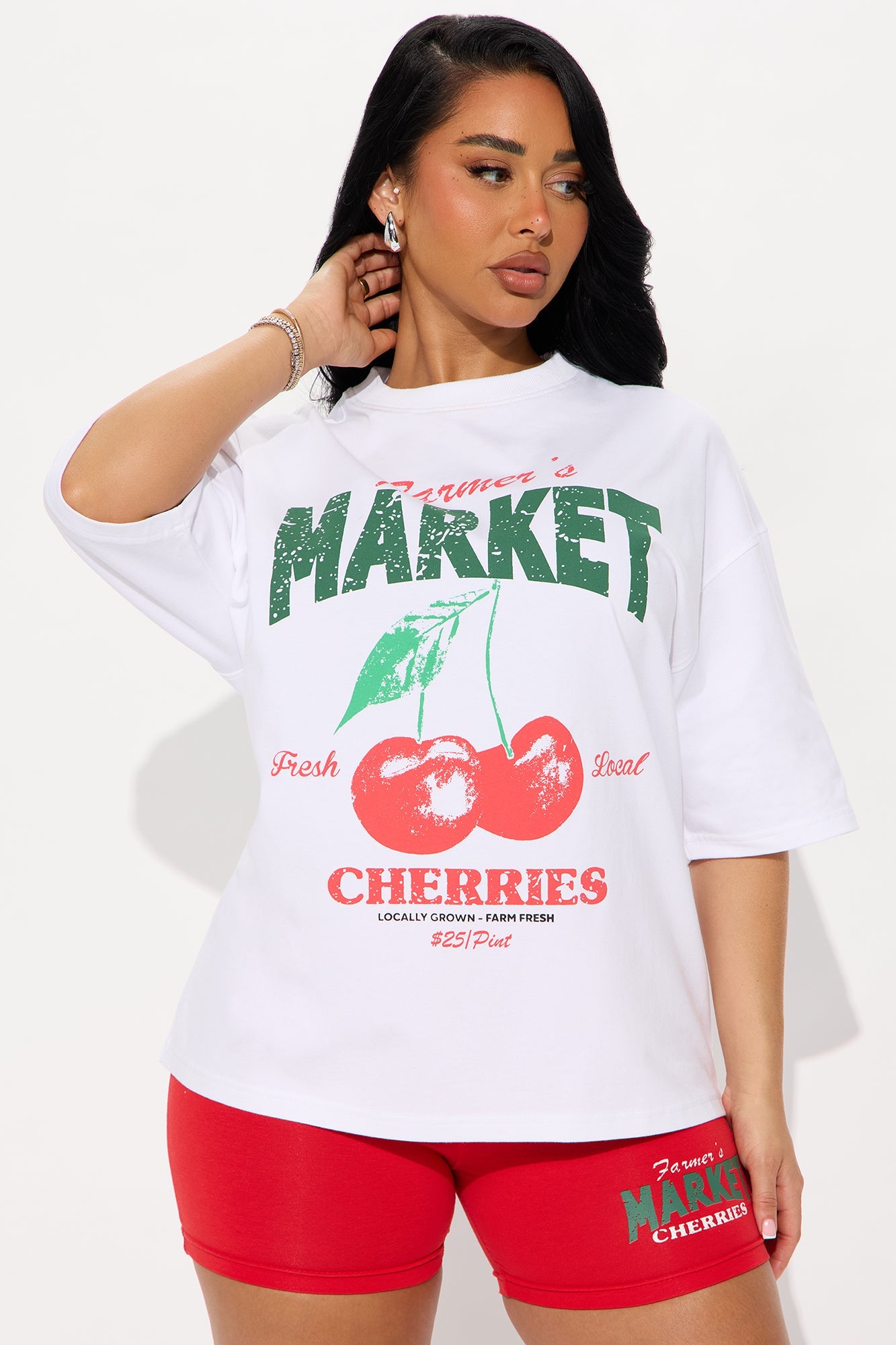 Farmers Market Oversize T-Shirt Biker And Short Set - Red/combo