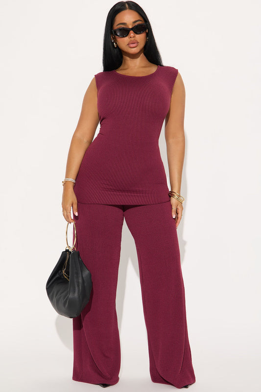 Amaya Ribbed Pant Set - Wine