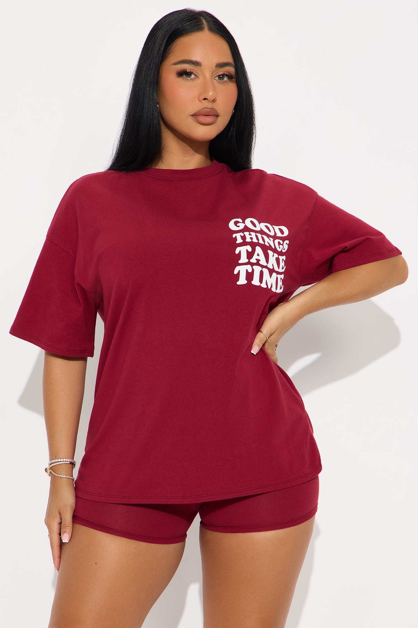 Good Things Take Time Biker Short Set - Burgundy