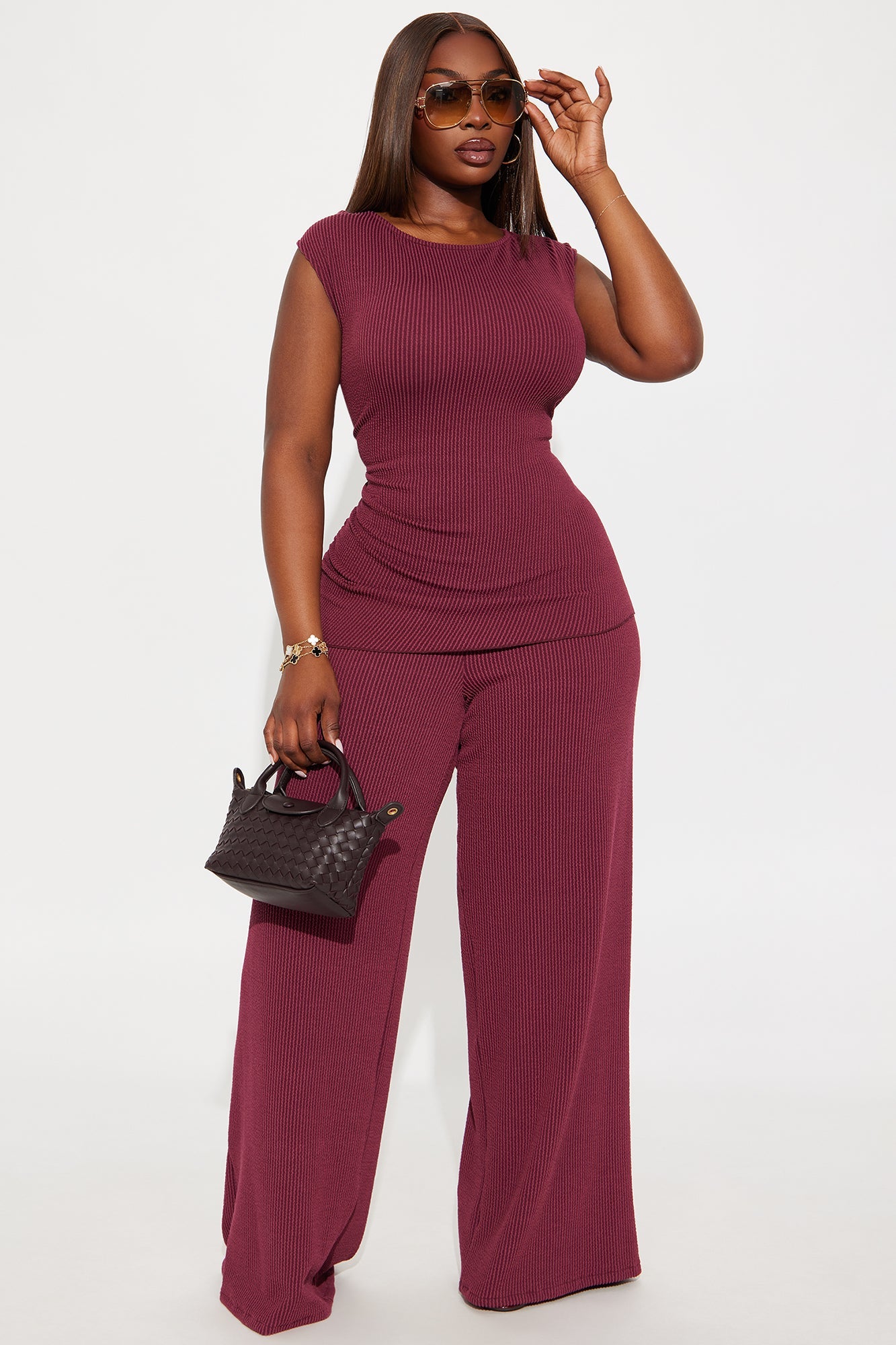 Amaya Ribbed Pant Set - Wine