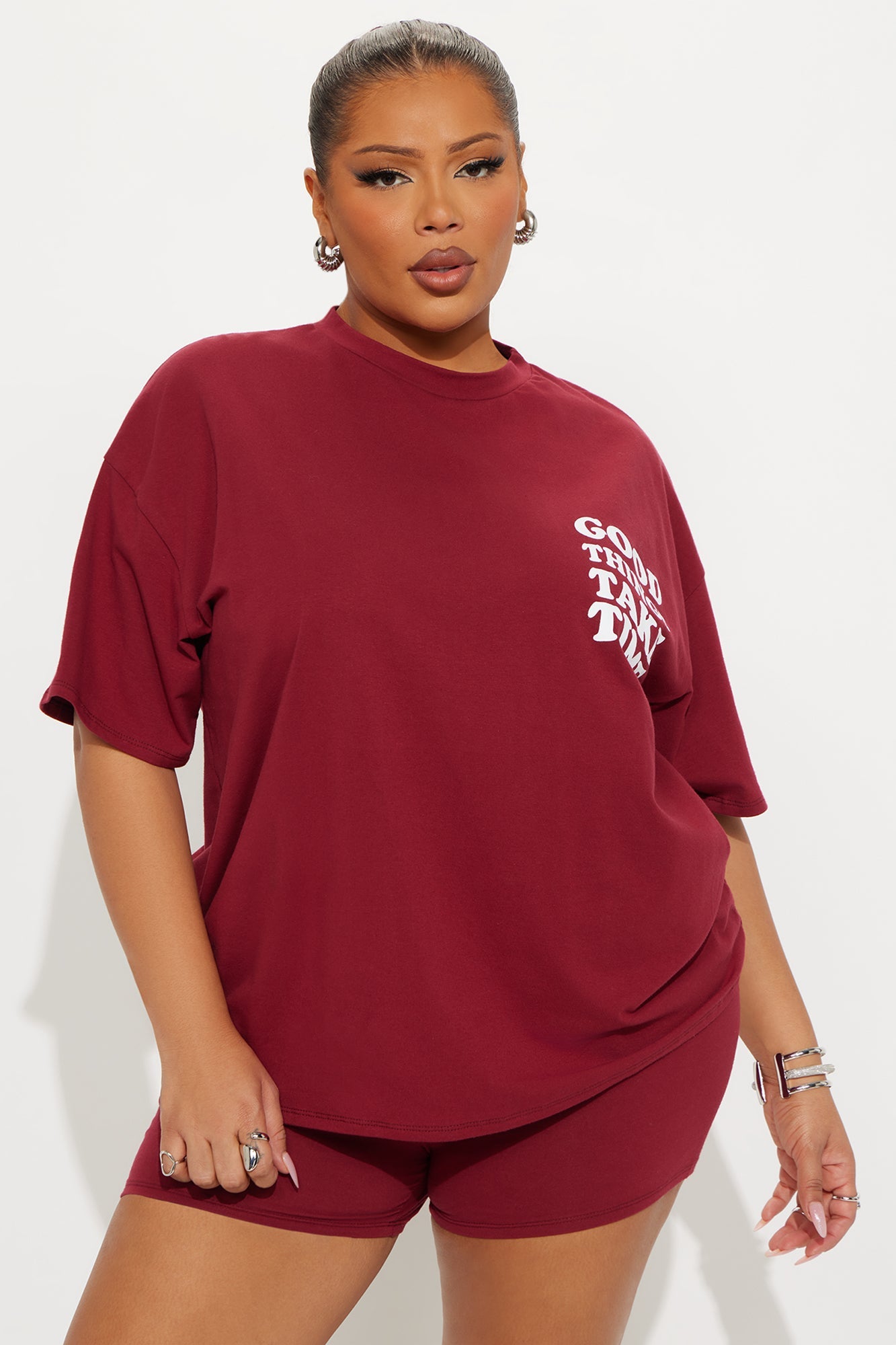Good Things Take Time Biker Short Set - Burgundy