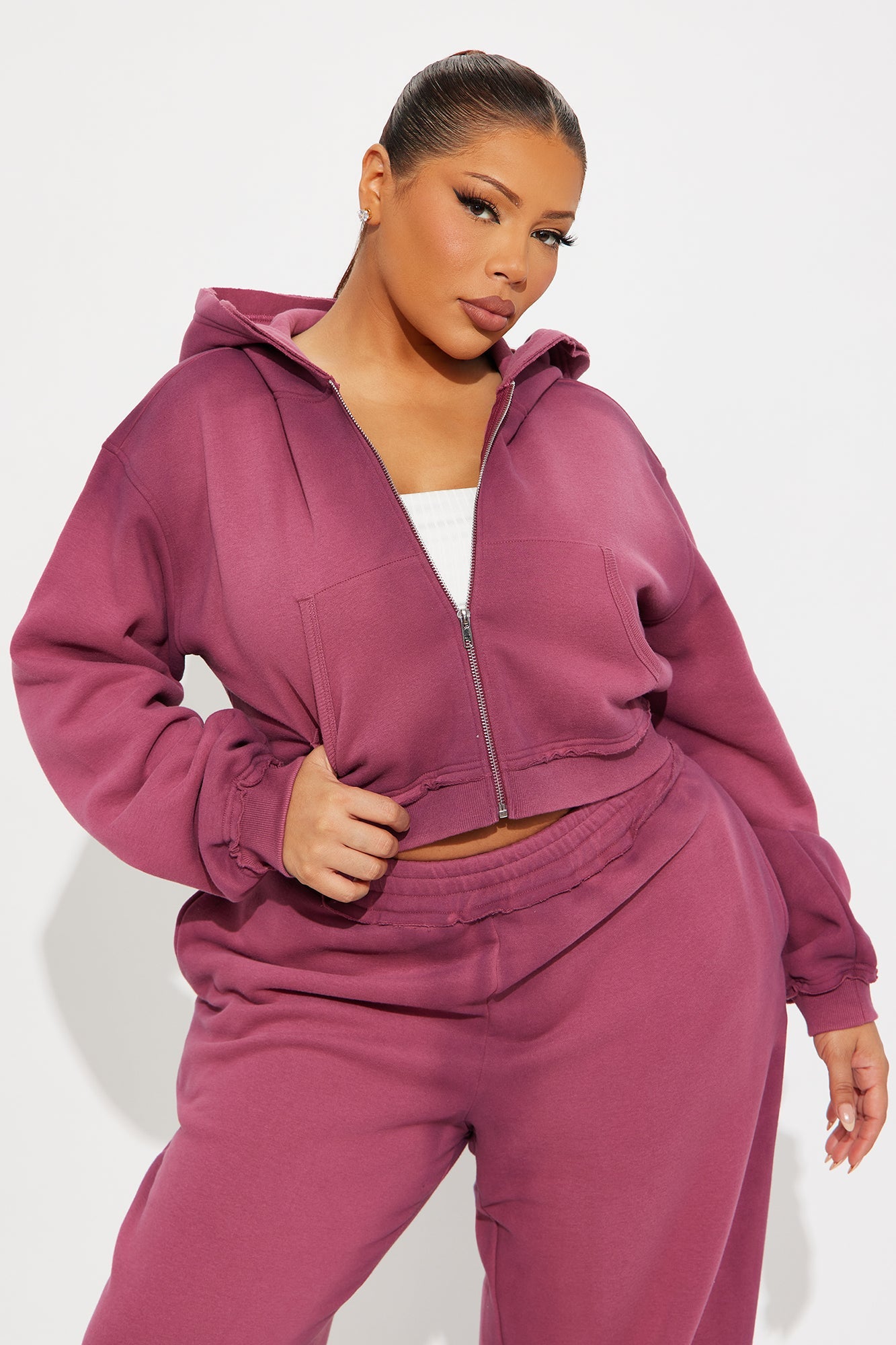 Wynona Washed Fleece Pant Set - Burgundy