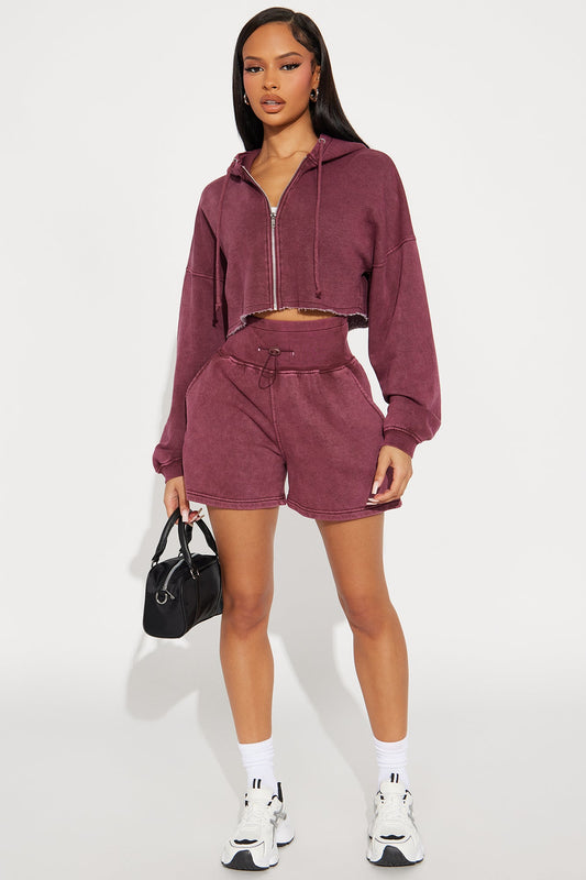On The Go Fleece Short Set - Burgundy