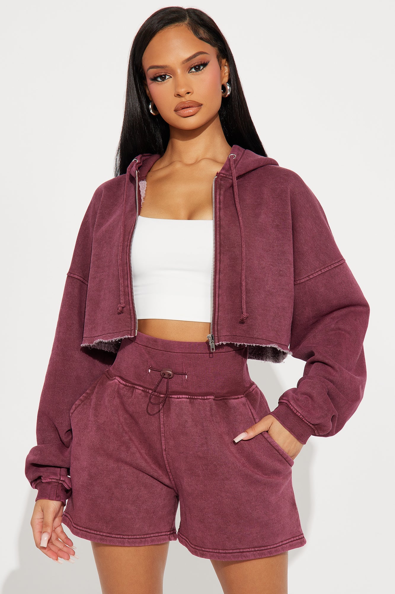 On The Go Fleece Short Set - Burgundy
