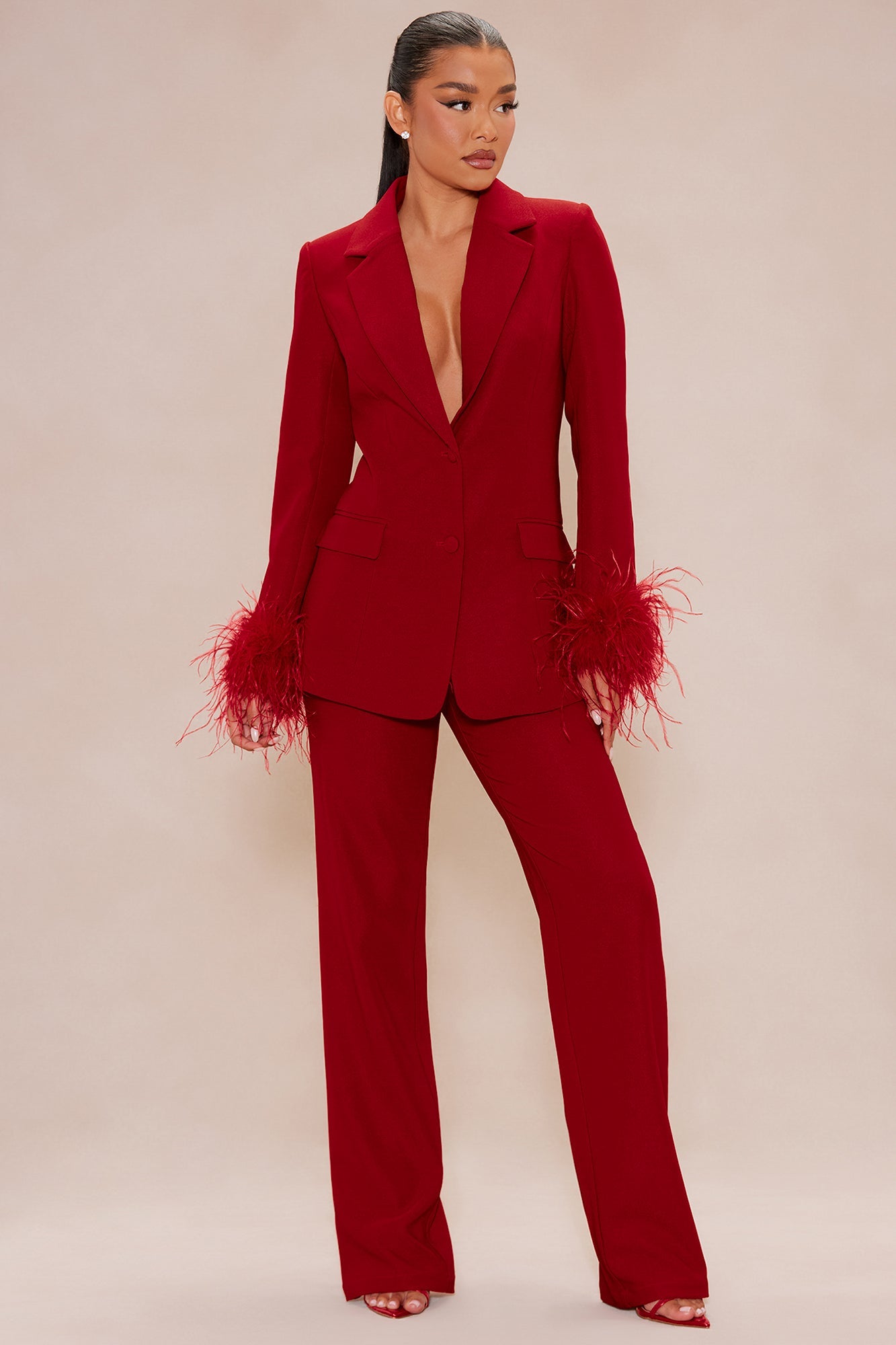 Clarissa Feather Blazer Suit Set - Red