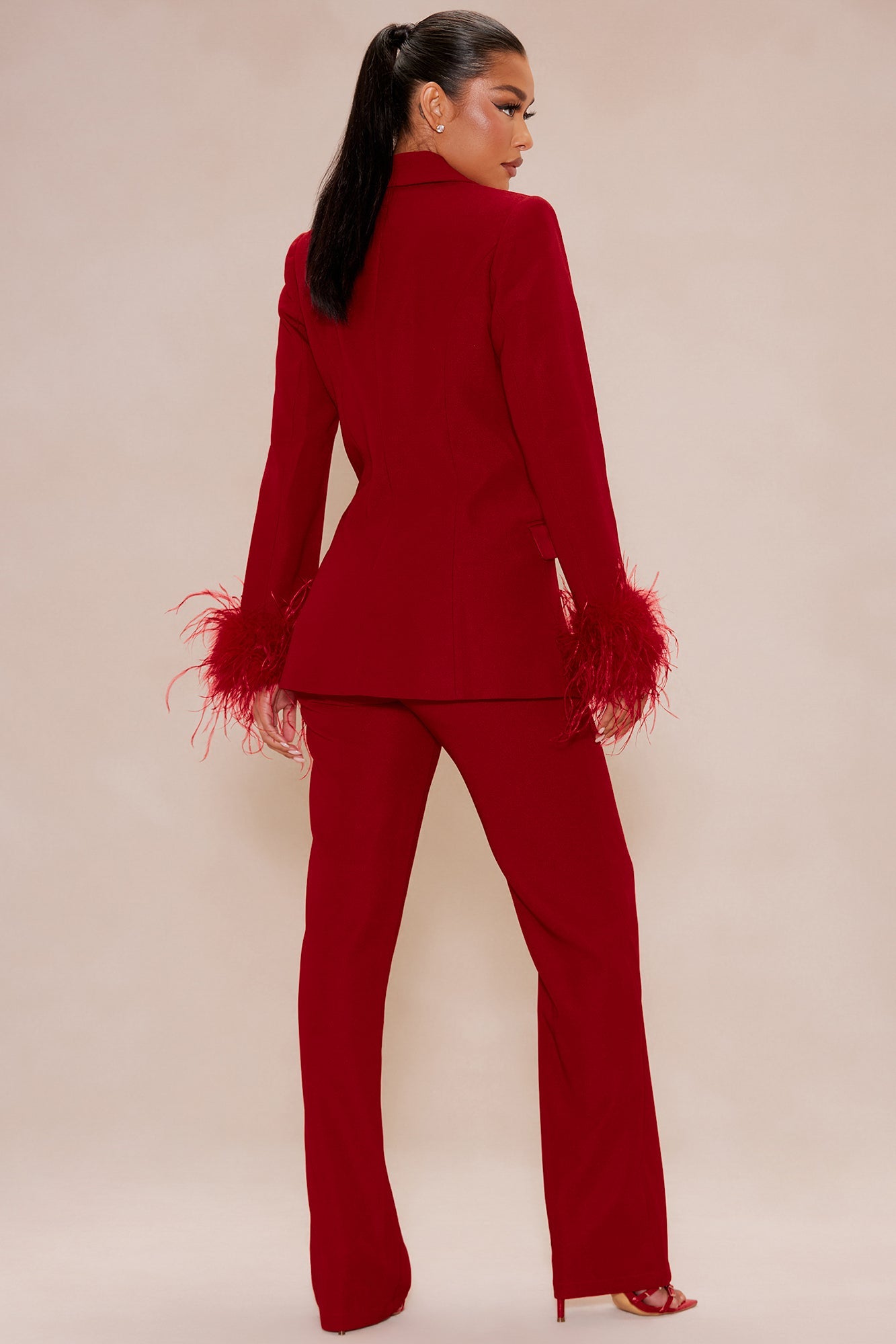 Clarissa Feather Blazer Suit Set - Red