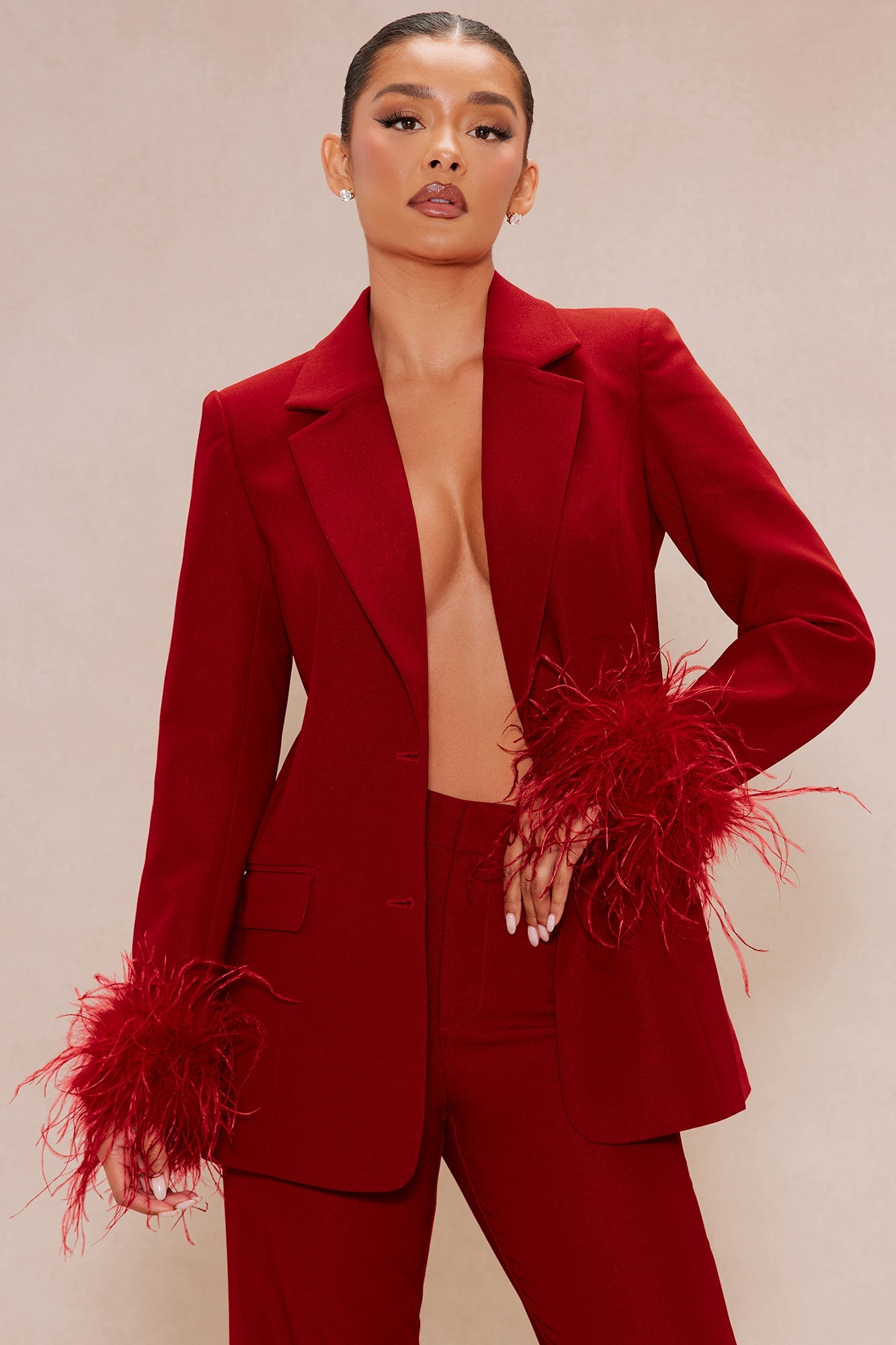 Clarissa Feather Blazer Suit Set - Red
