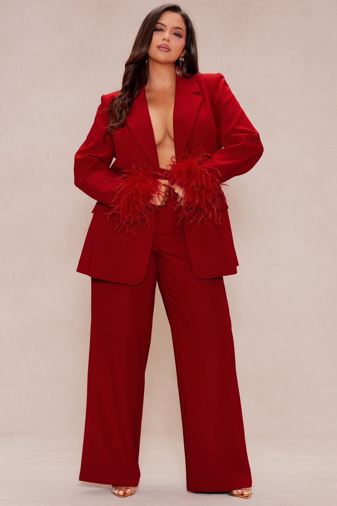 Clarissa Feather Blazer Suit Set - Red