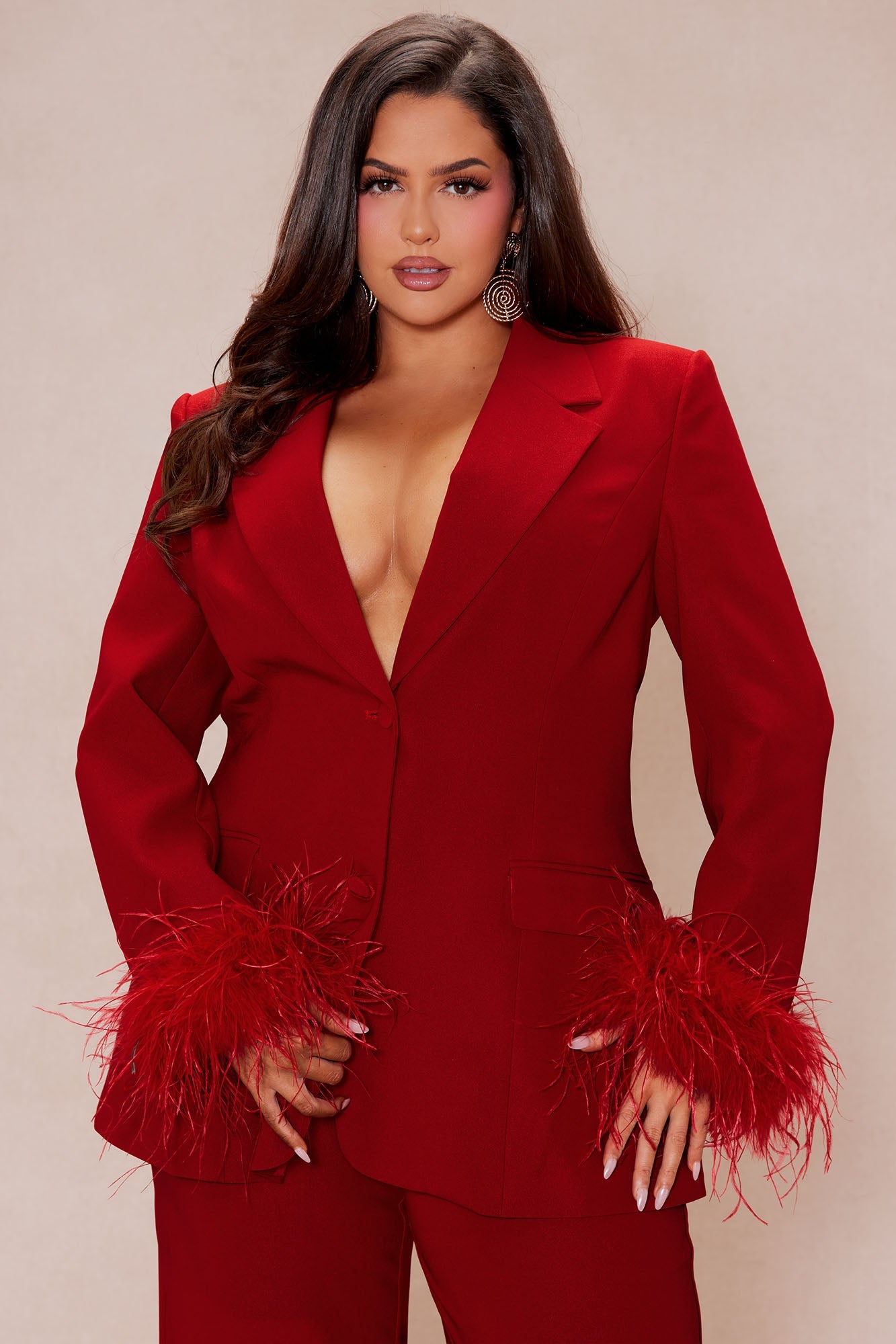 Clarissa Feather Blazer Suit Set - Red