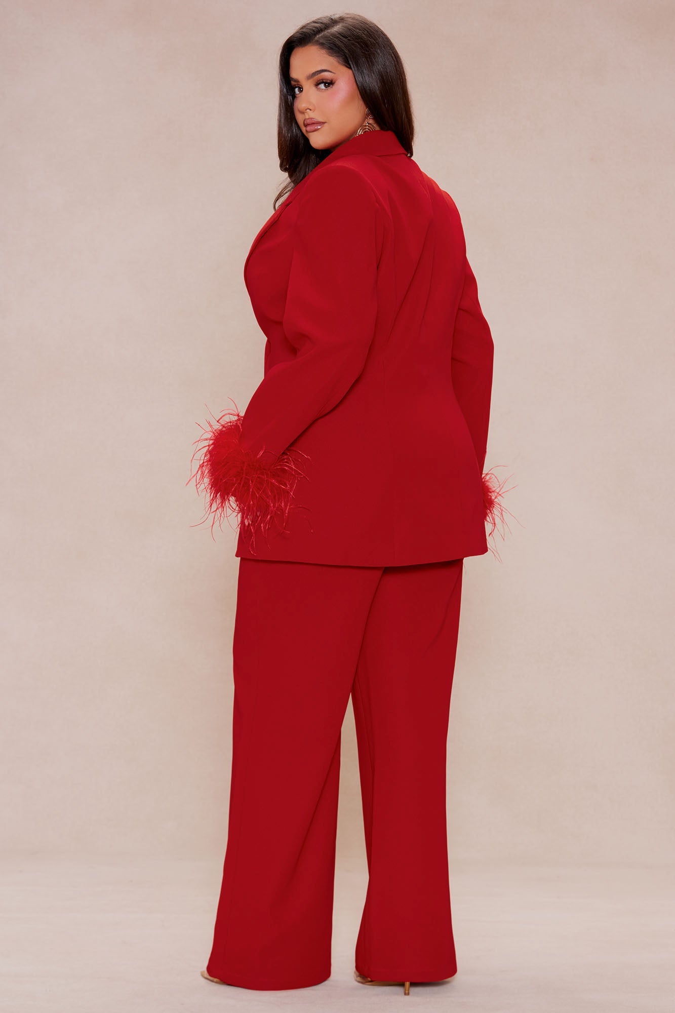 Clarissa Feather Blazer Suit Set - Red