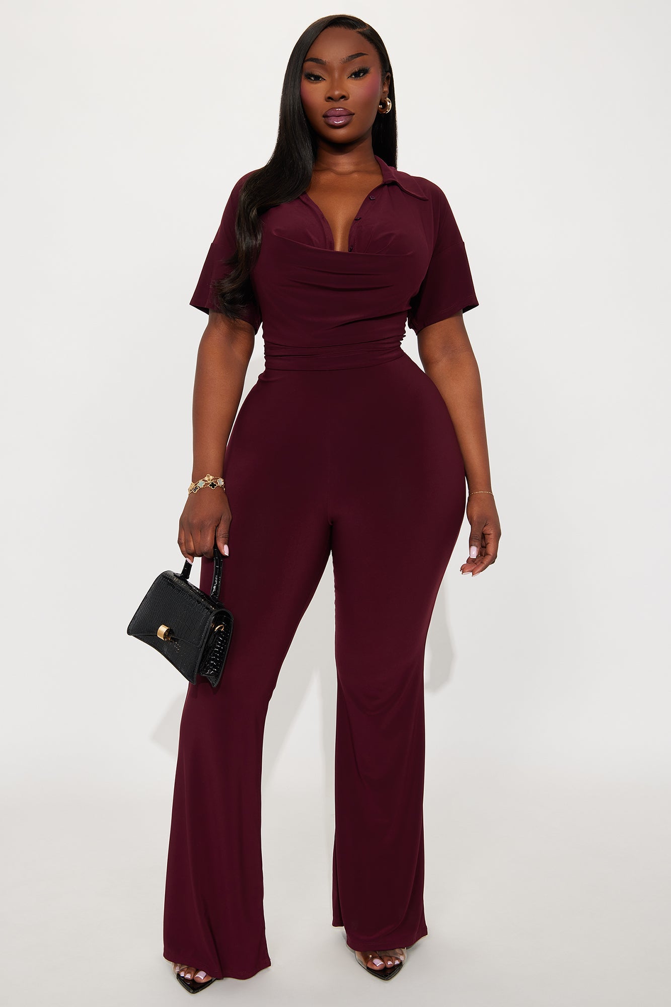 Cora Cowl Neck Flare Pant Set - Burgundy