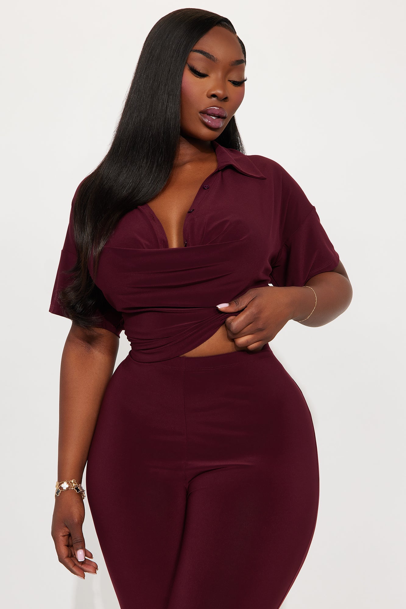 Cora Cowl Neck Flare Pant Set - Burgundy