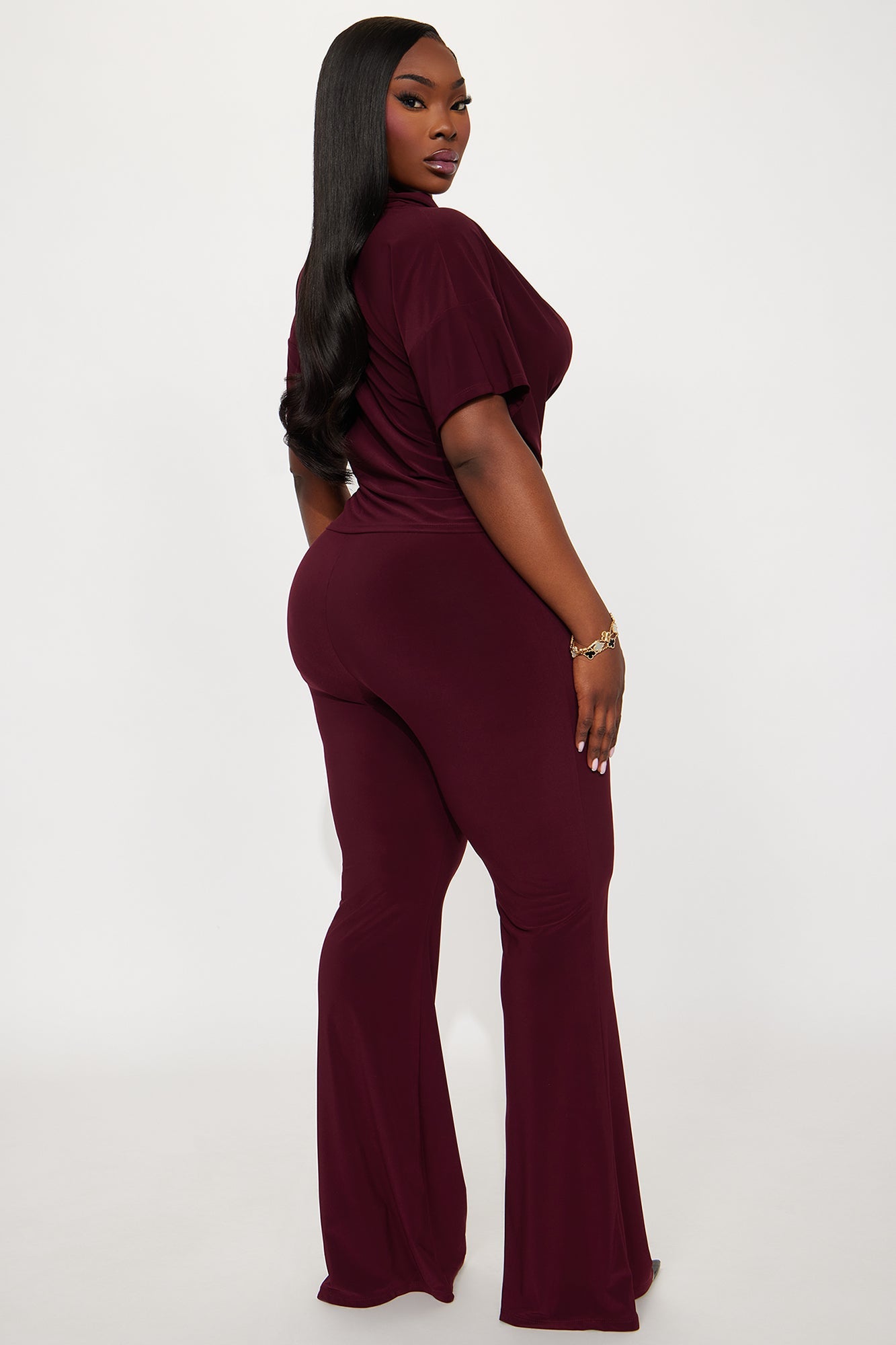 Cora Cowl Neck Flare Pant Set - Burgundy