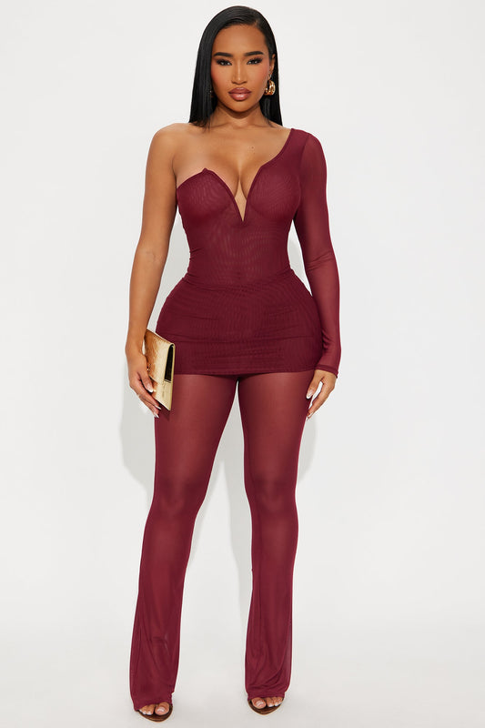 Sierra Mesh One Shoulder Pant Set - Wine