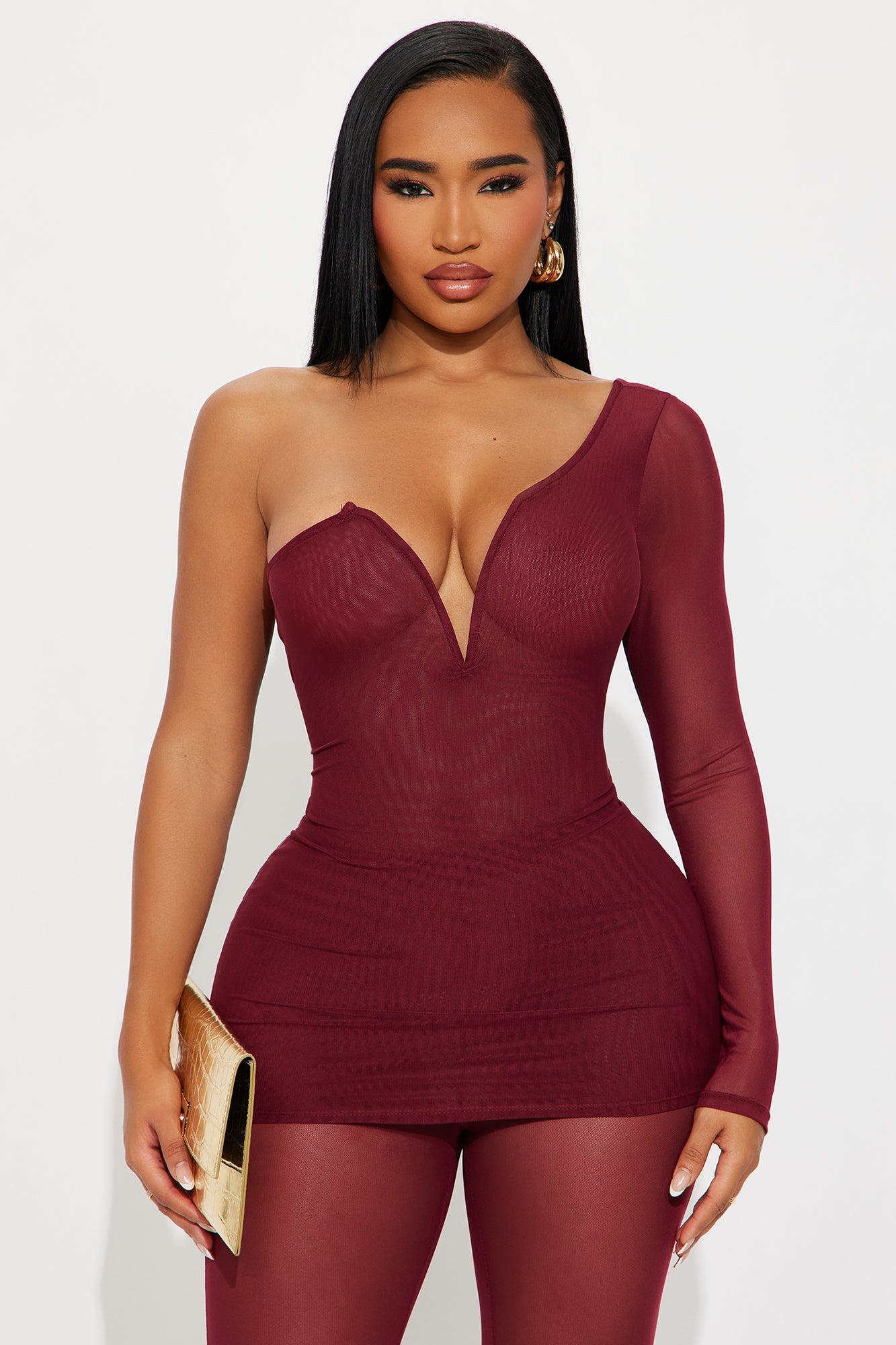 Sierra Mesh One Shoulder Pant Set - Wine