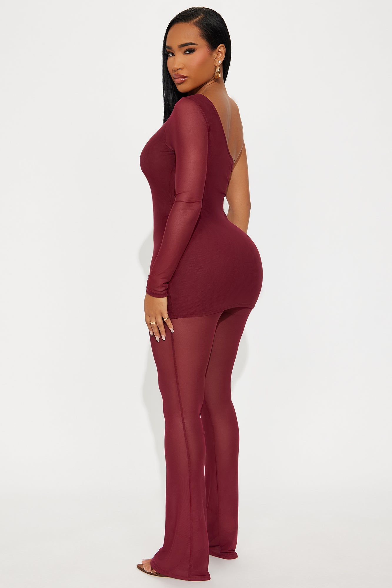 Sierra Mesh One Shoulder Pant Set - Wine