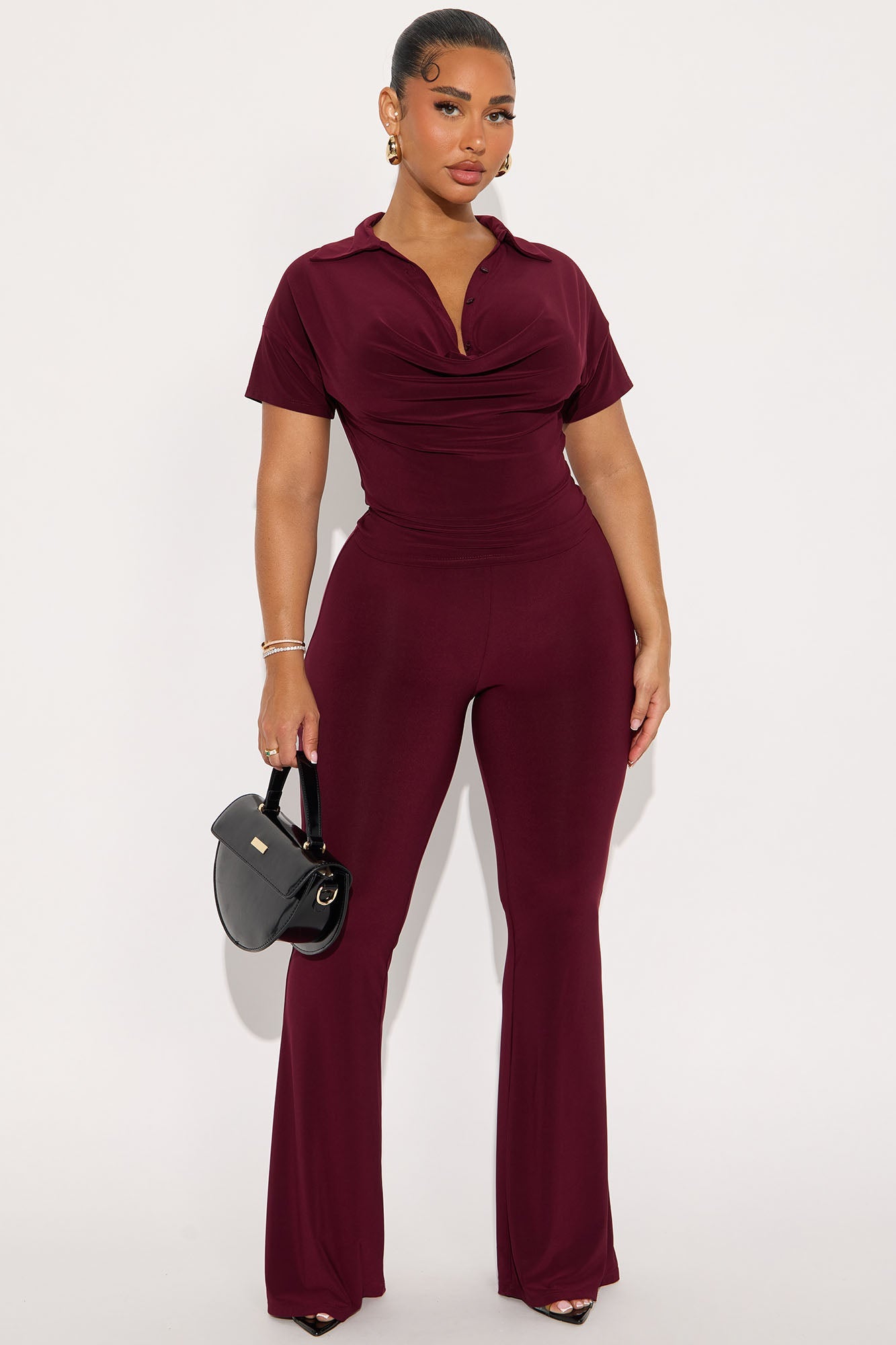 Cora Cowl Neck Flare Pant Set - Burgundy