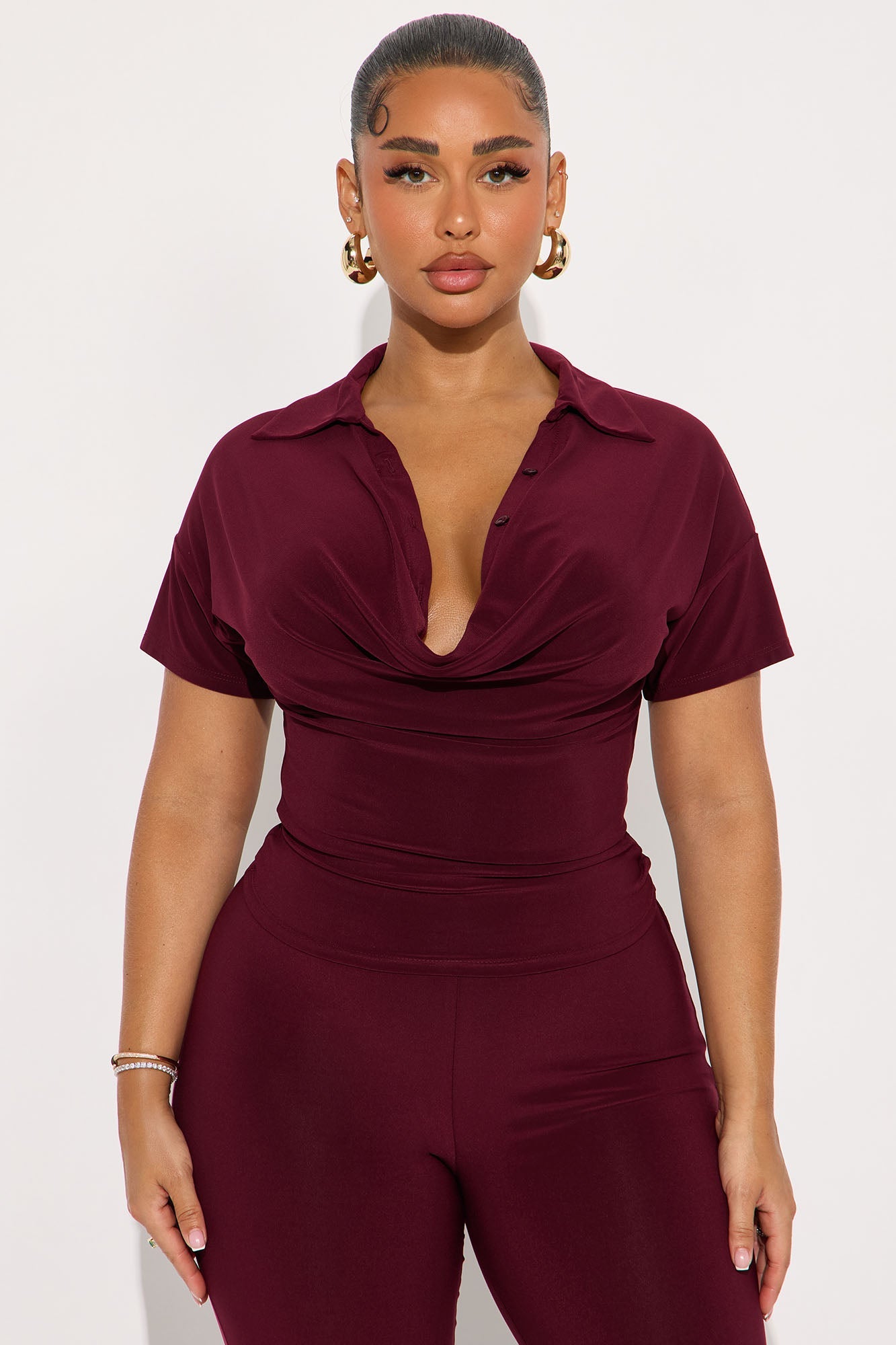 Cora Cowl Neck Flare Pant Set - Burgundy