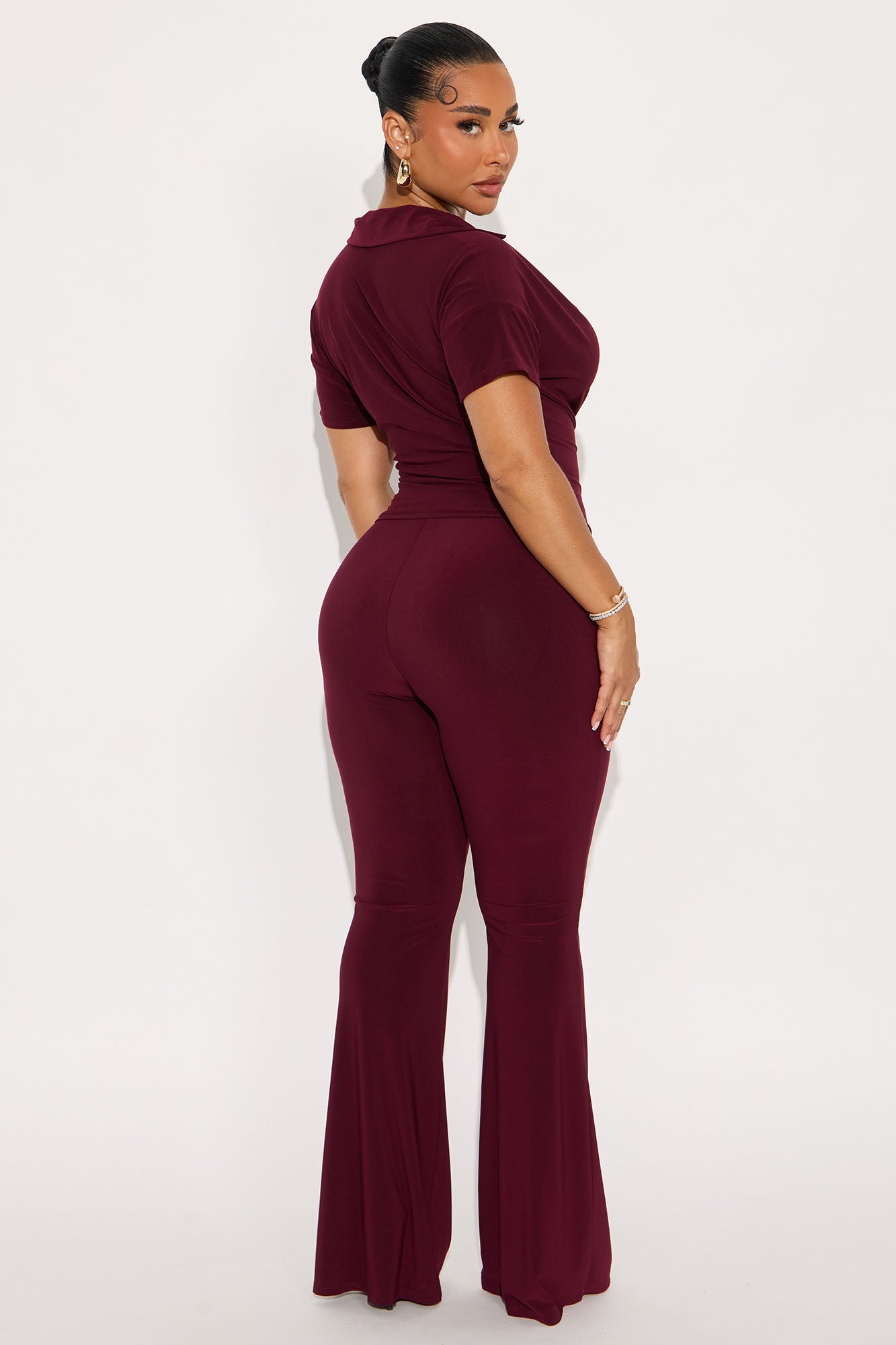 Cora Cowl Neck Flare Pant Set - Burgundy