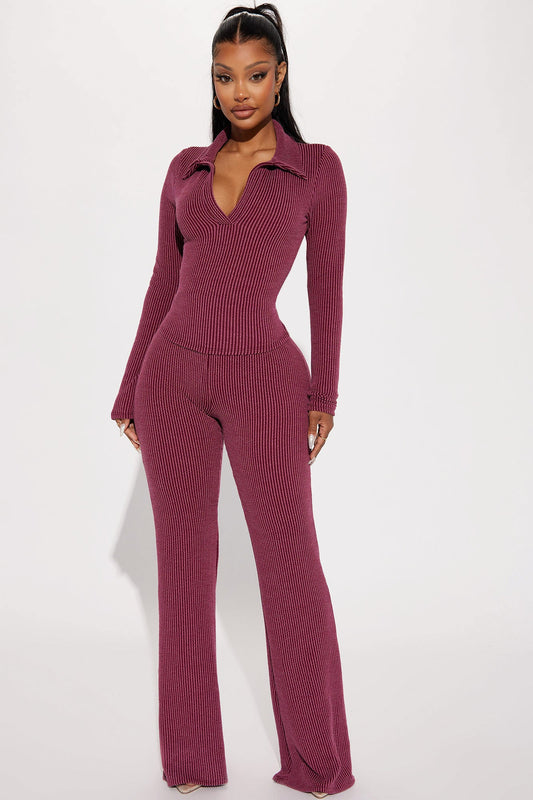 Josie Ribbed Long Sleeve Set - Burgundy