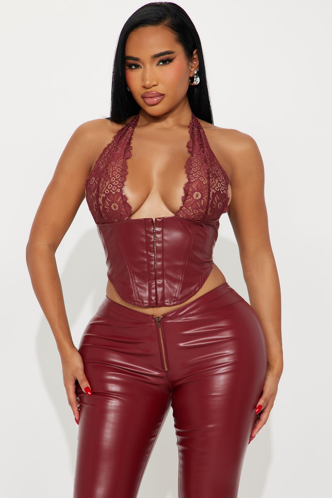 All You Need Faux Leather Pant Set - Wine