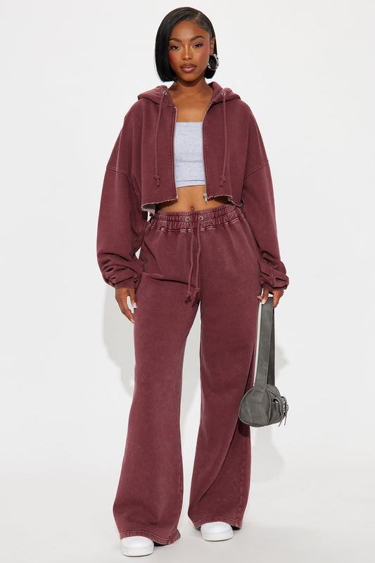 On The Go Fleece Pant Set - Burgundy