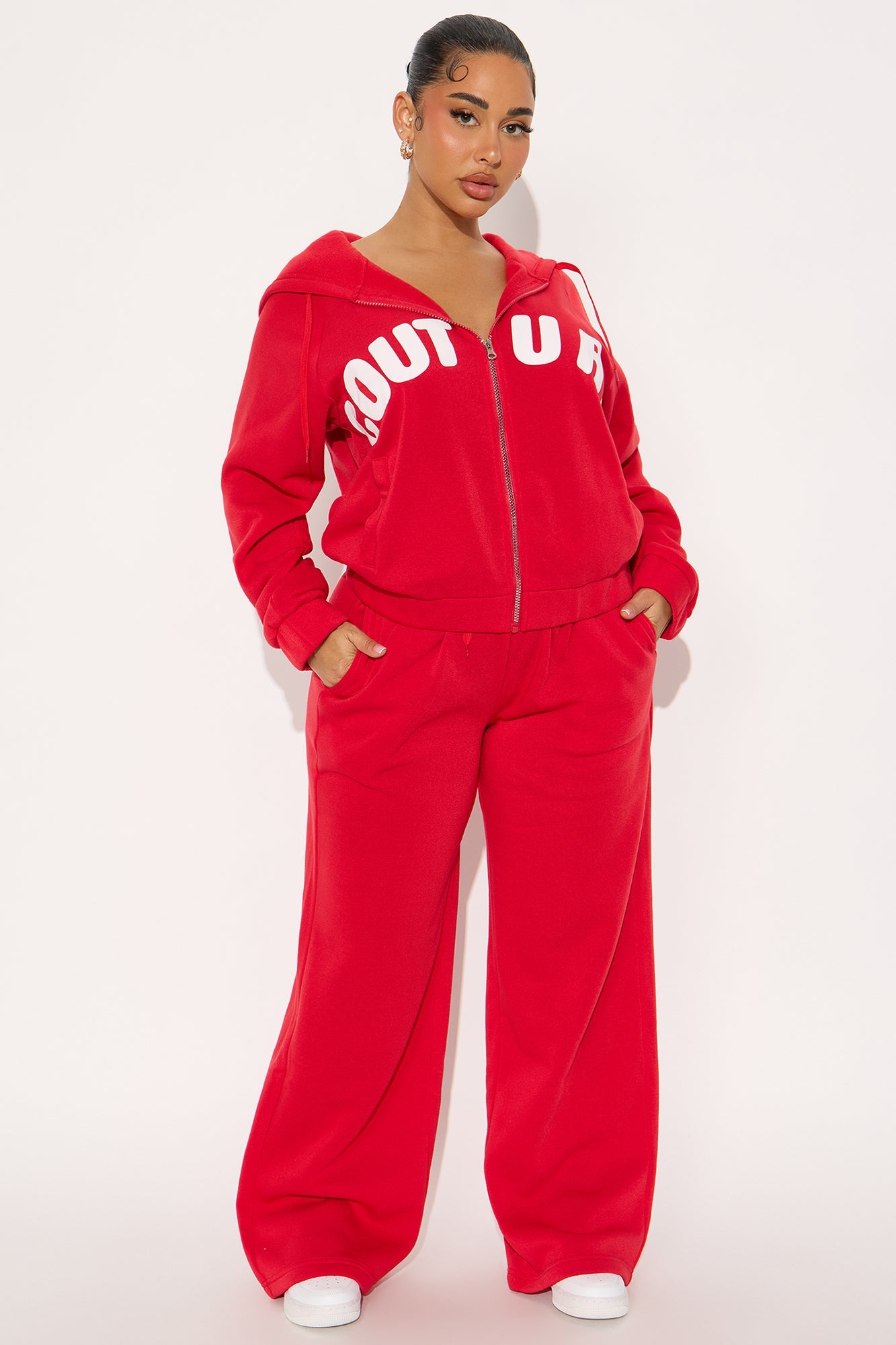 Couture Comfort Zip Up Fleece Pant Set - Red