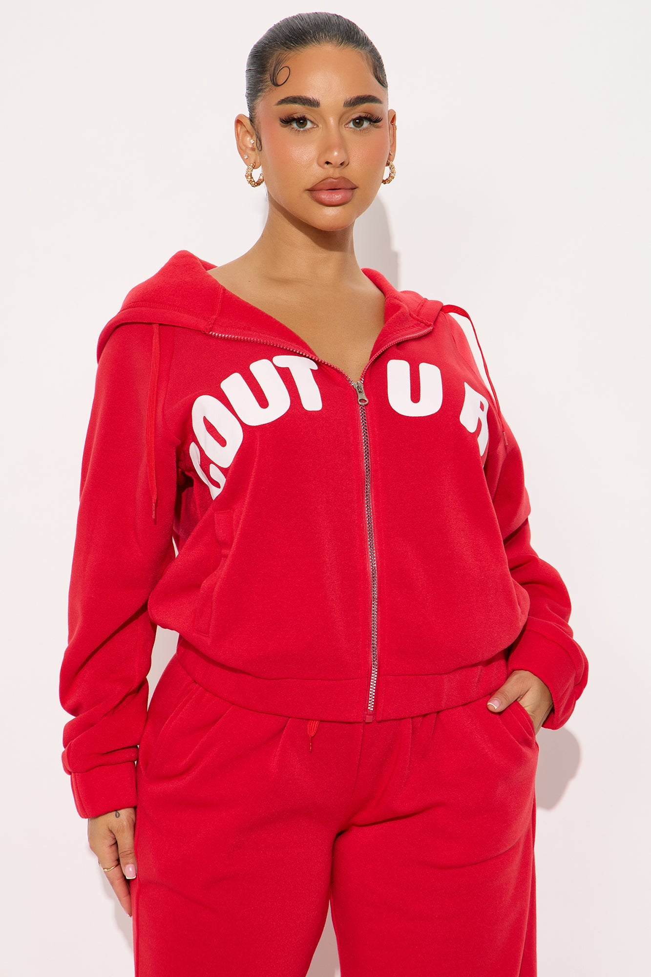 Couture Comfort Zip Up Fleece Pant Set - Red
