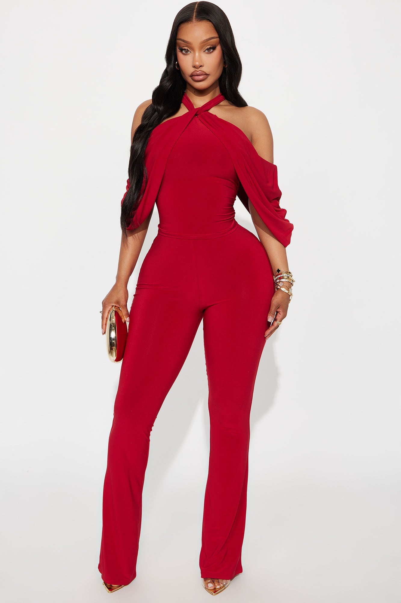 Reina Off Shoulder Flare Pant Set - Red
