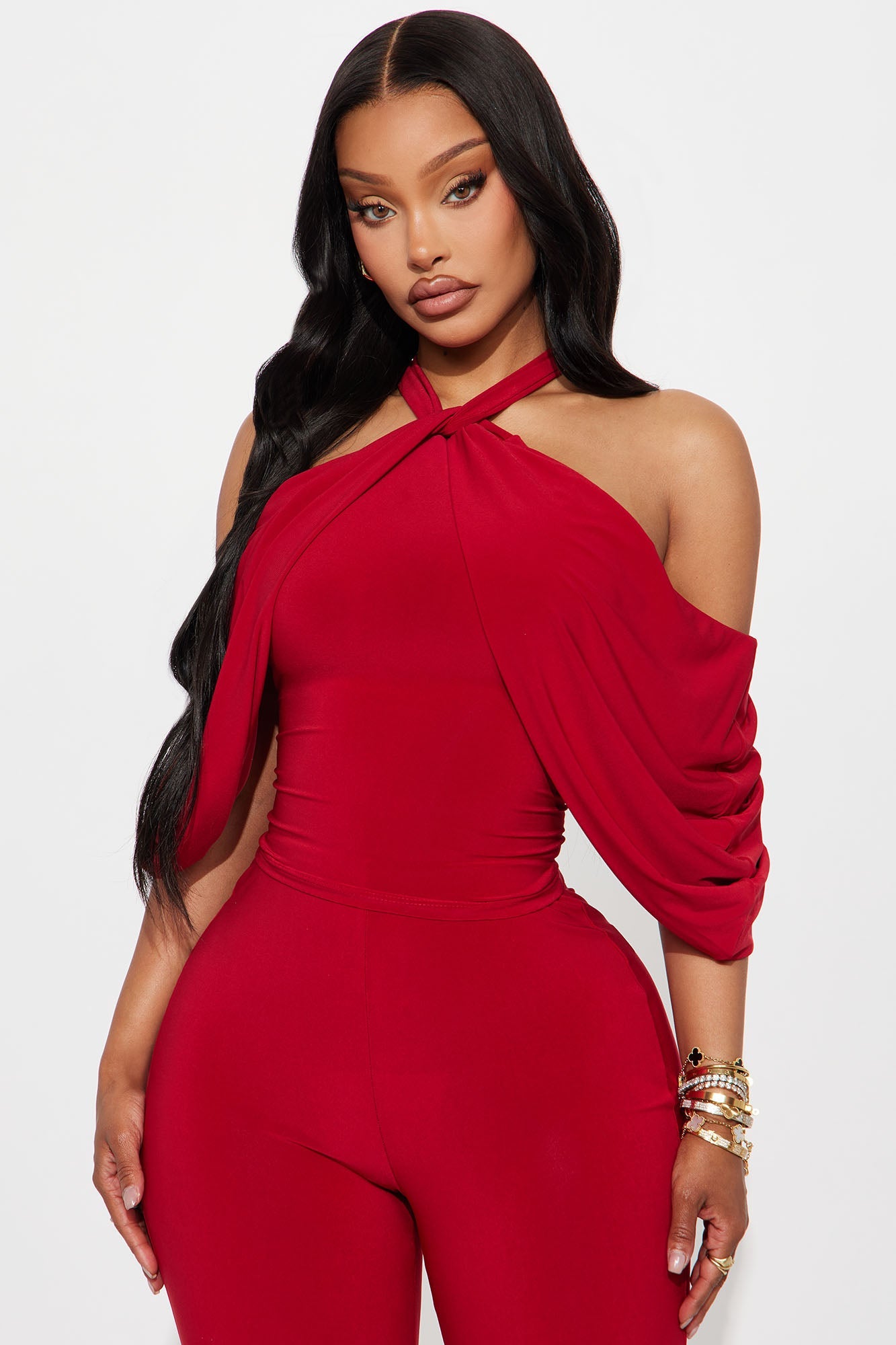 Reina Off Shoulder Flare Pant Set - Red