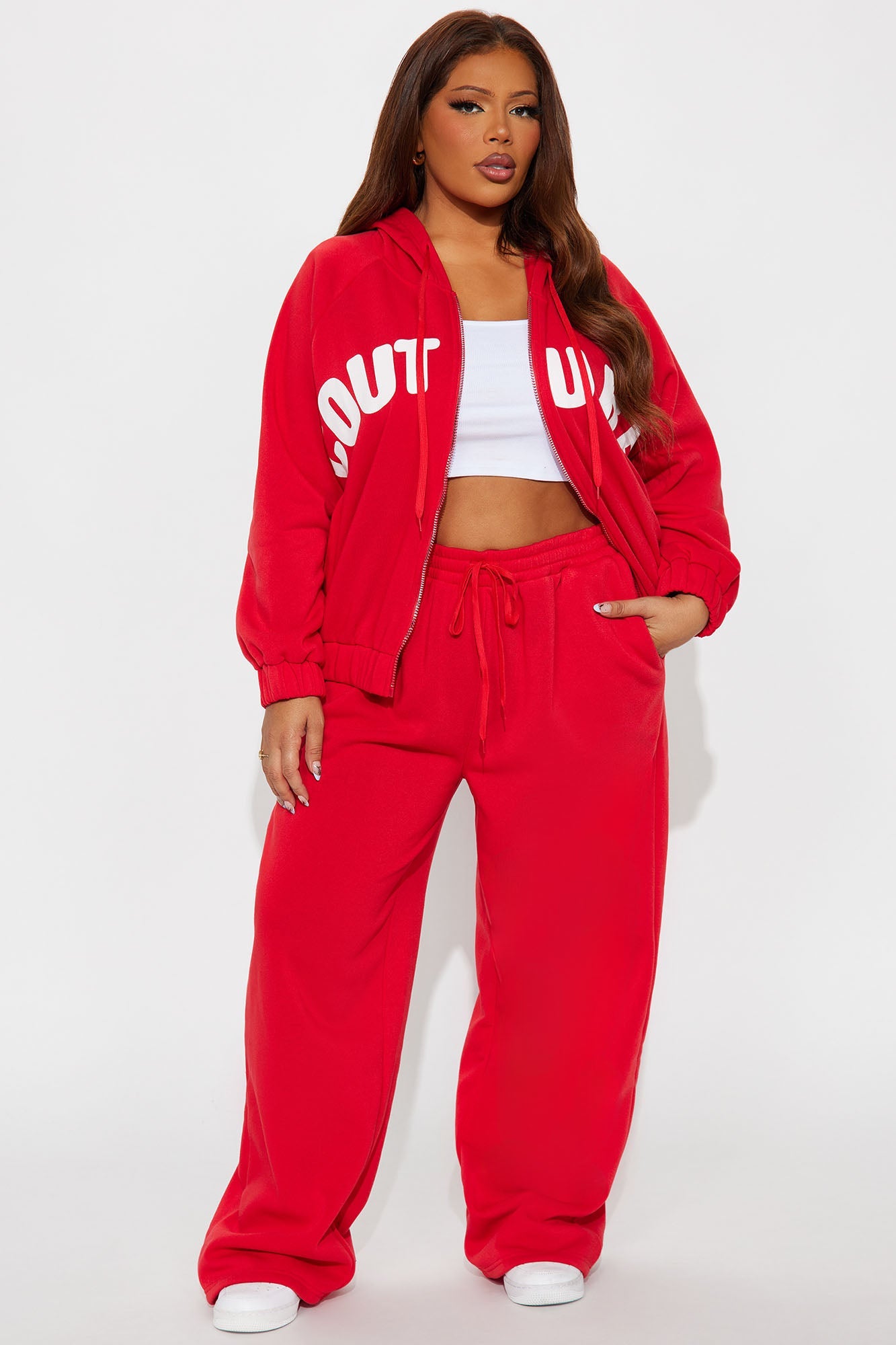 Couture Comfort Zip Up Fleece Pant Set - Red