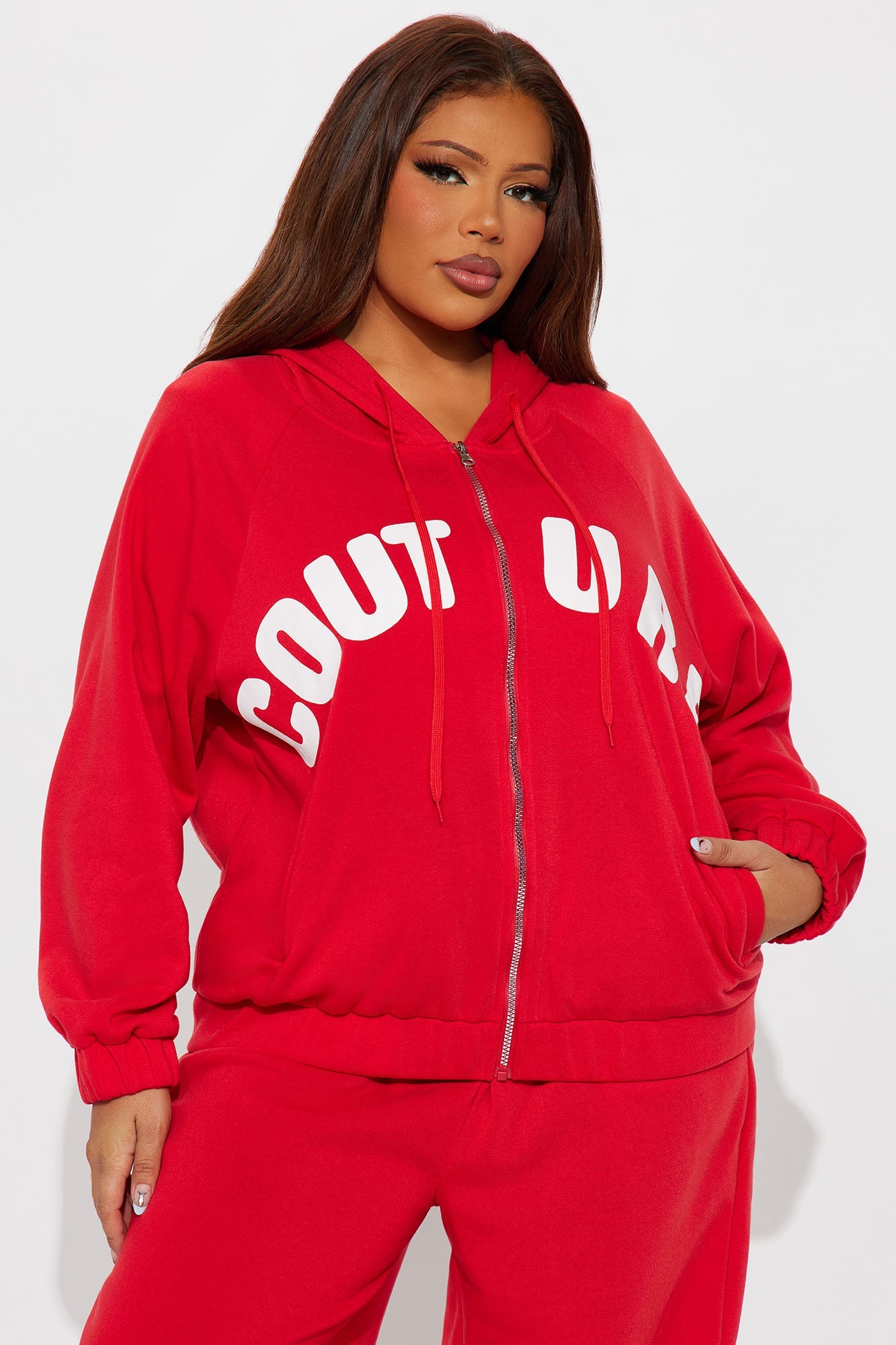 Couture Comfort Zip Up Fleece Pant Set - Red