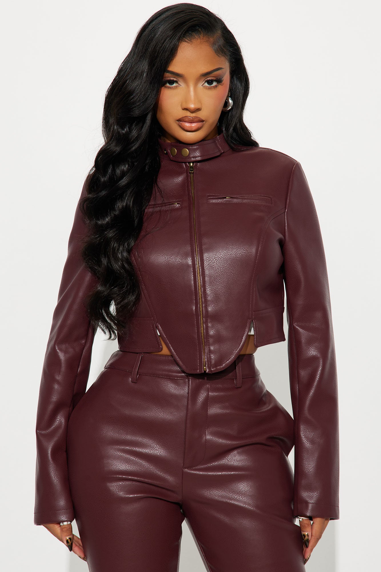 Lilian Moto Faux Leather Pant Set - Burgundy