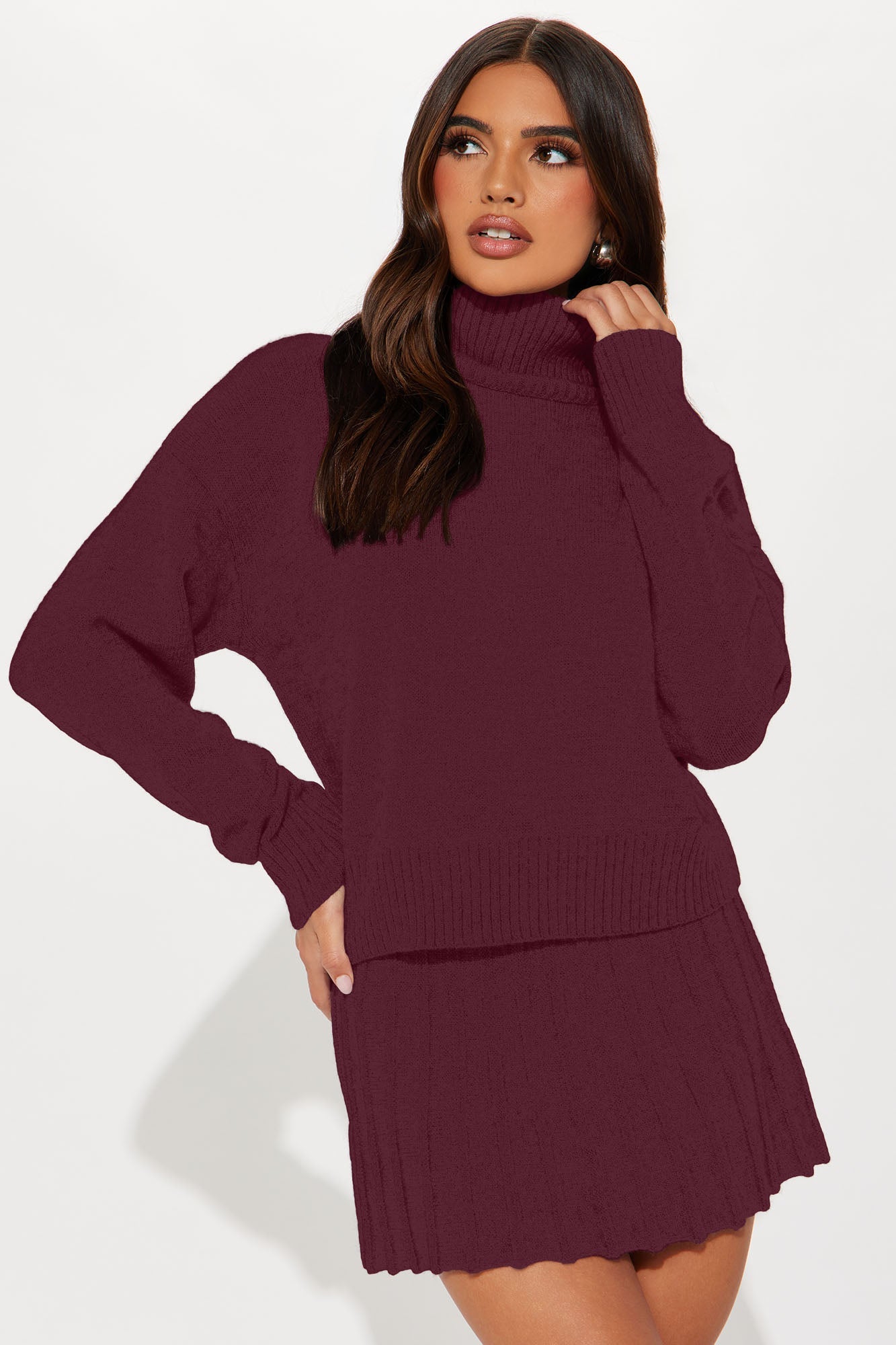 First Look Pleated Sweater Skirt Set - Burgundy