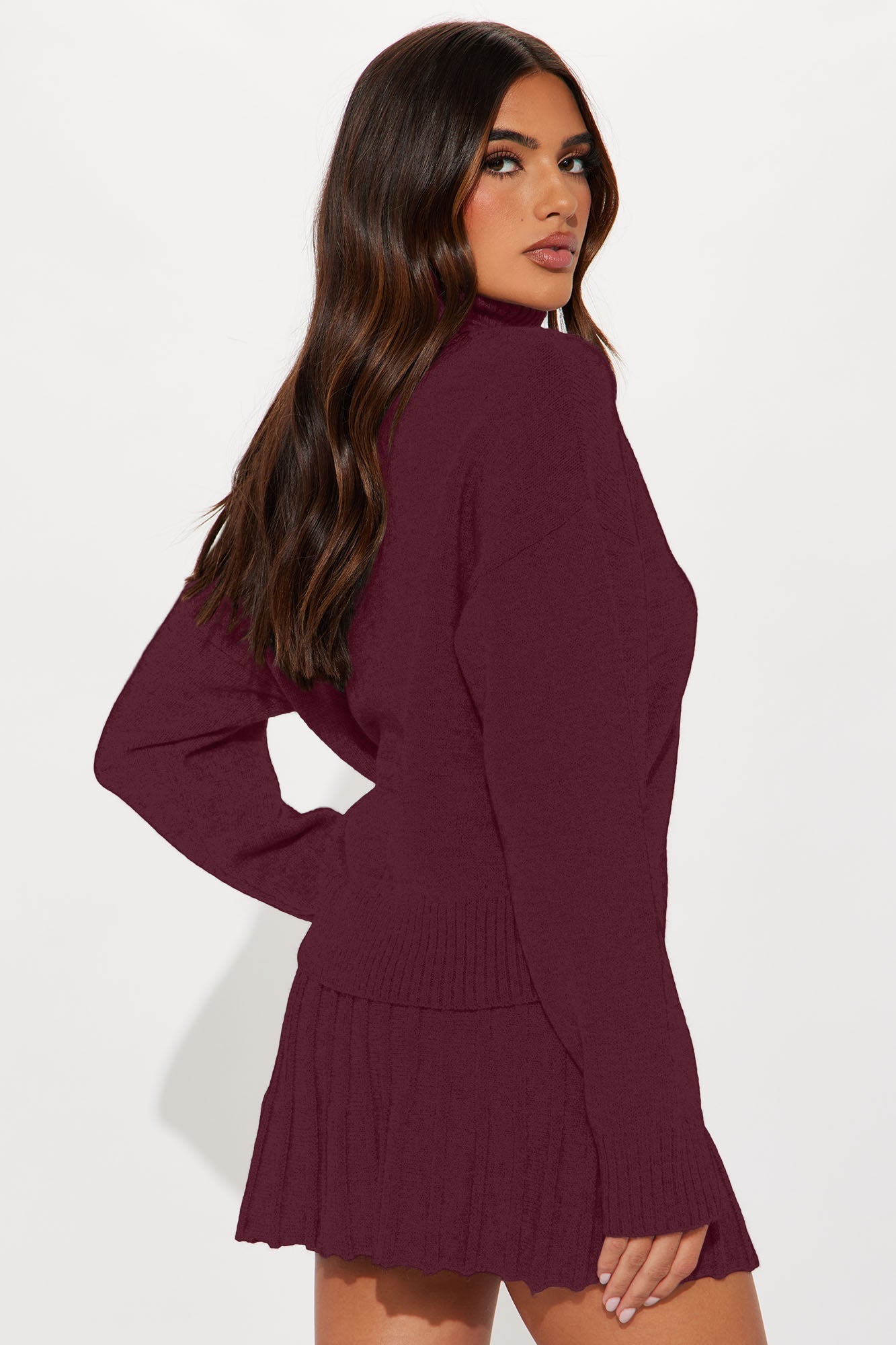 First Look Pleated Sweater Skirt Set - Burgundy