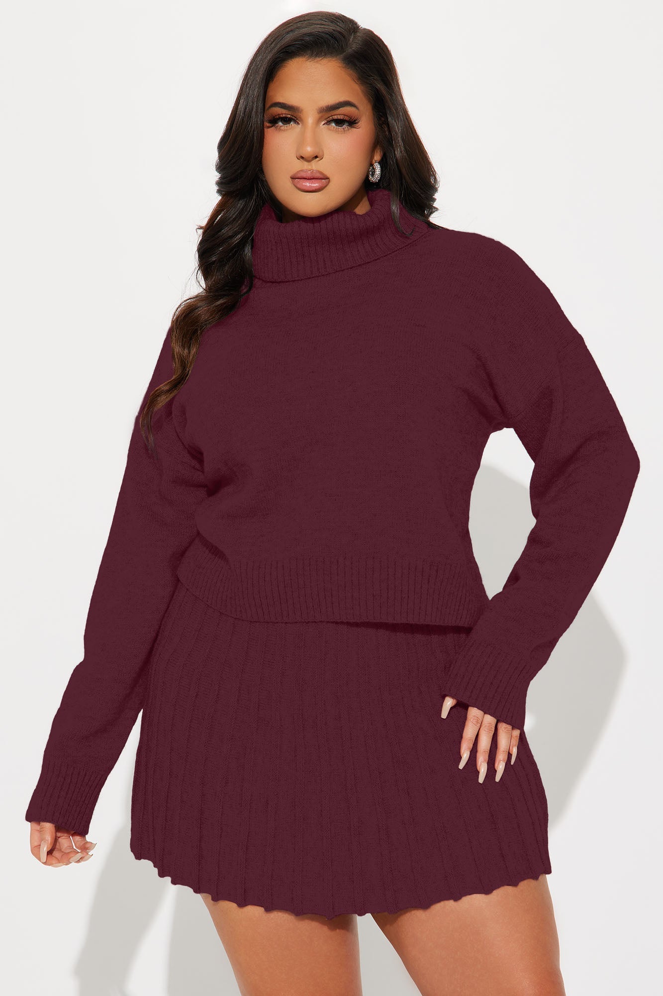First Look Pleated Sweater Skirt Set - Burgundy