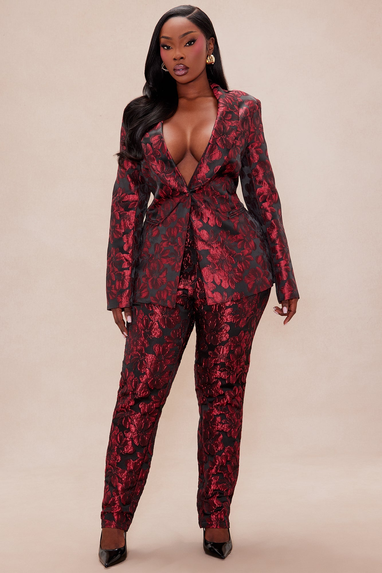 Crimson Touch Jacquard Blazer Pant Set - Red/Black