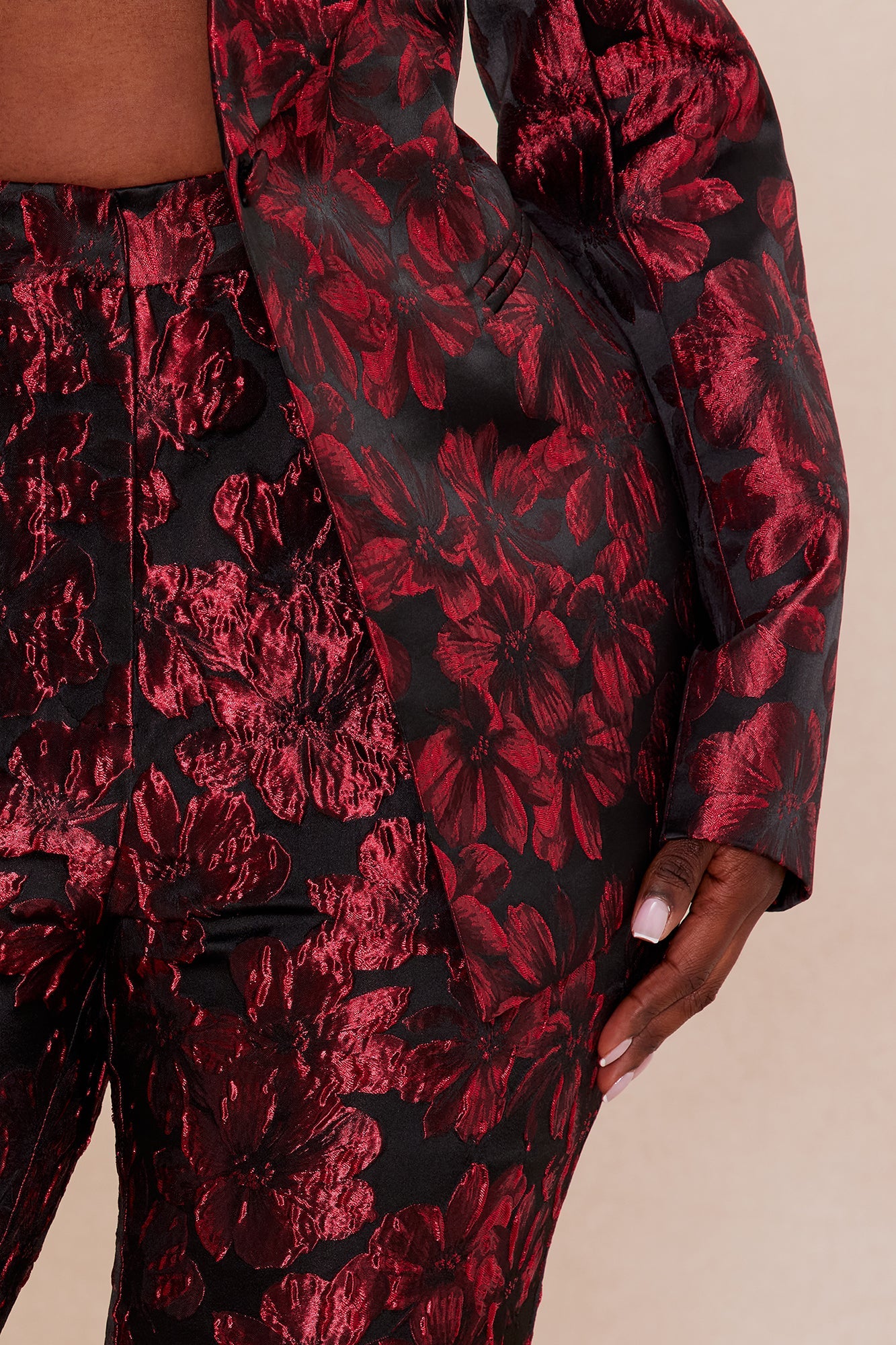 Crimson Touch Jacquard Blazer Pant Set - Red/Black