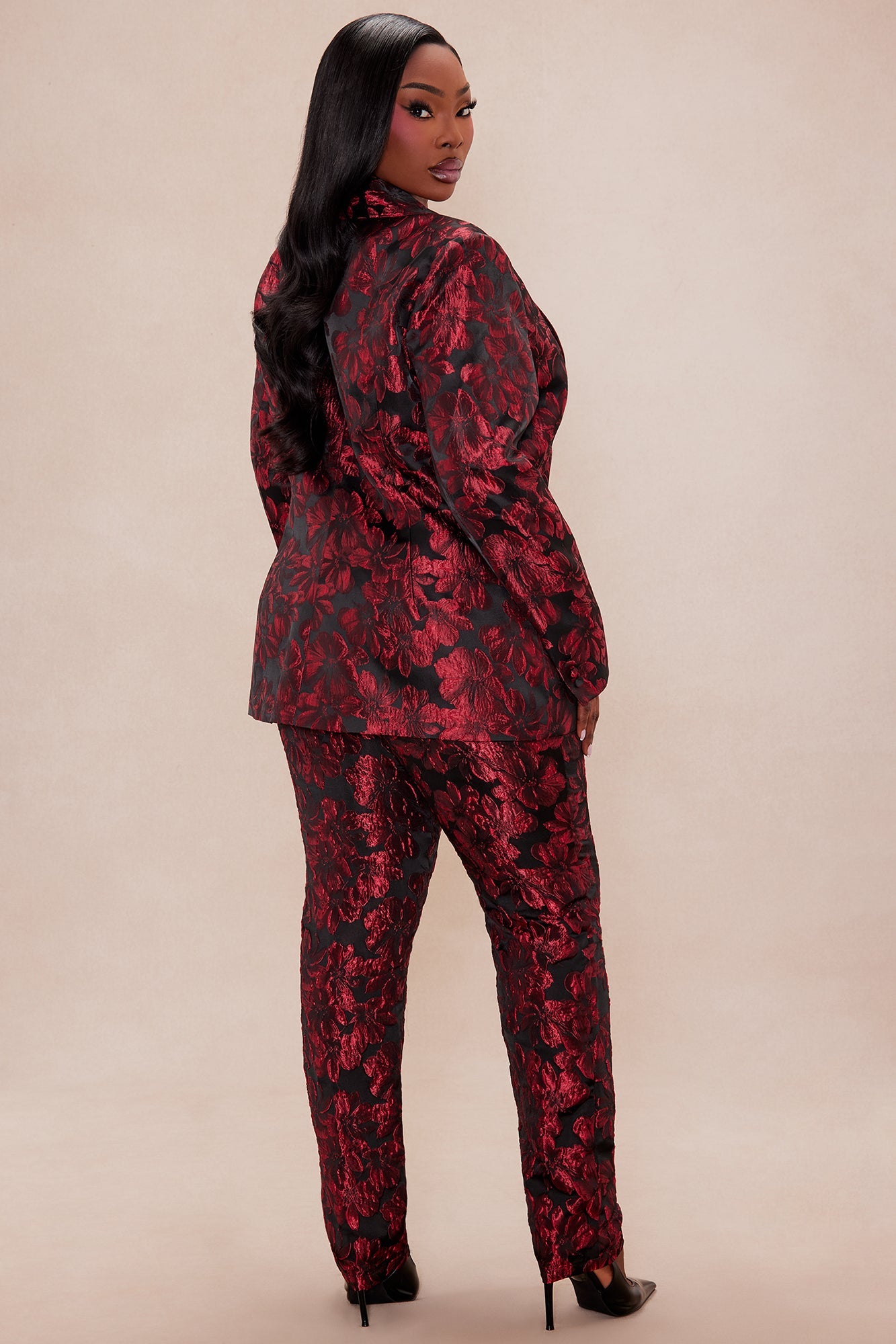 Crimson Touch Jacquard Blazer Pant Set - Red/Black
