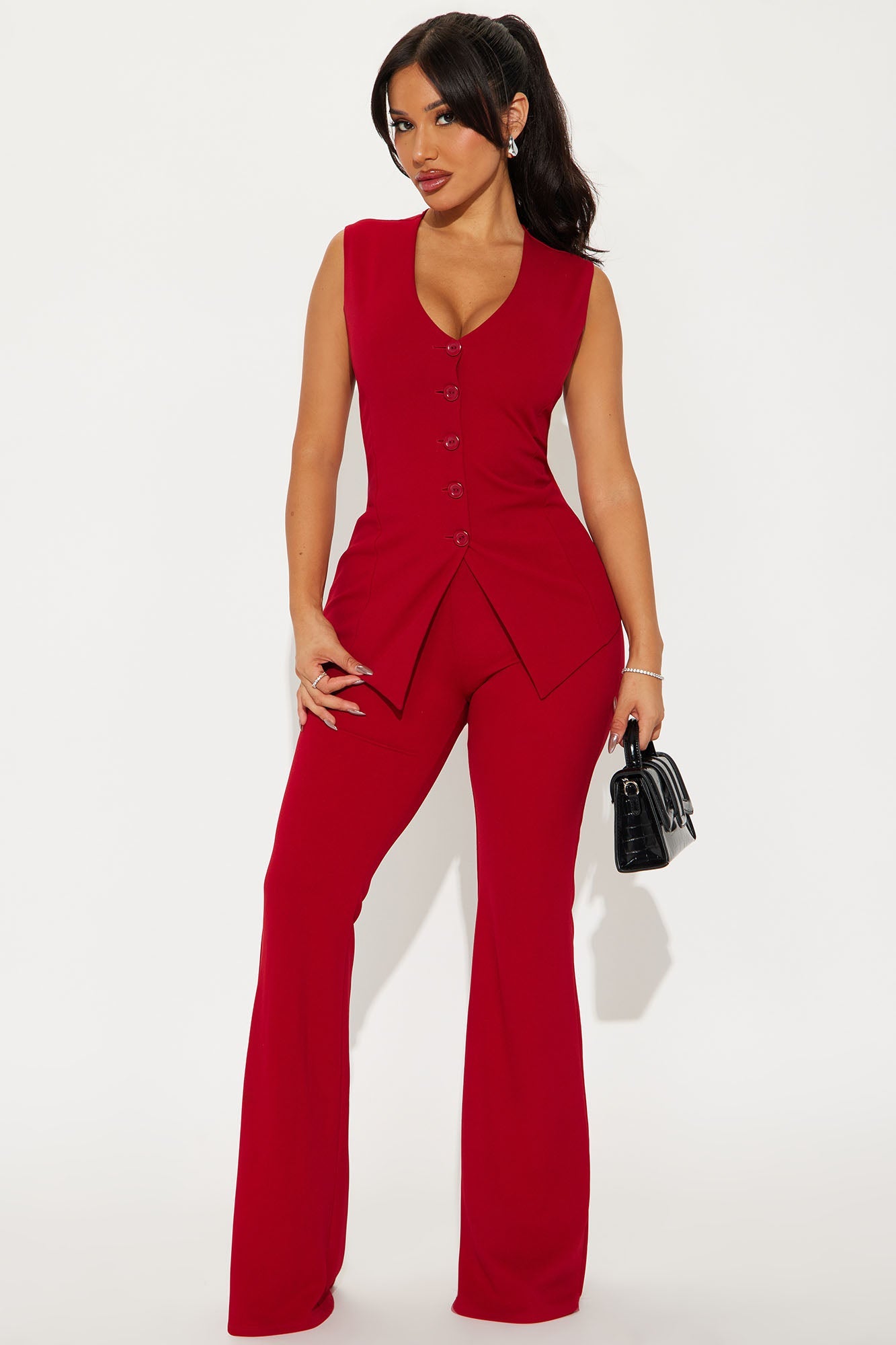 Office Romance Vest Pant Set - Ruby Red