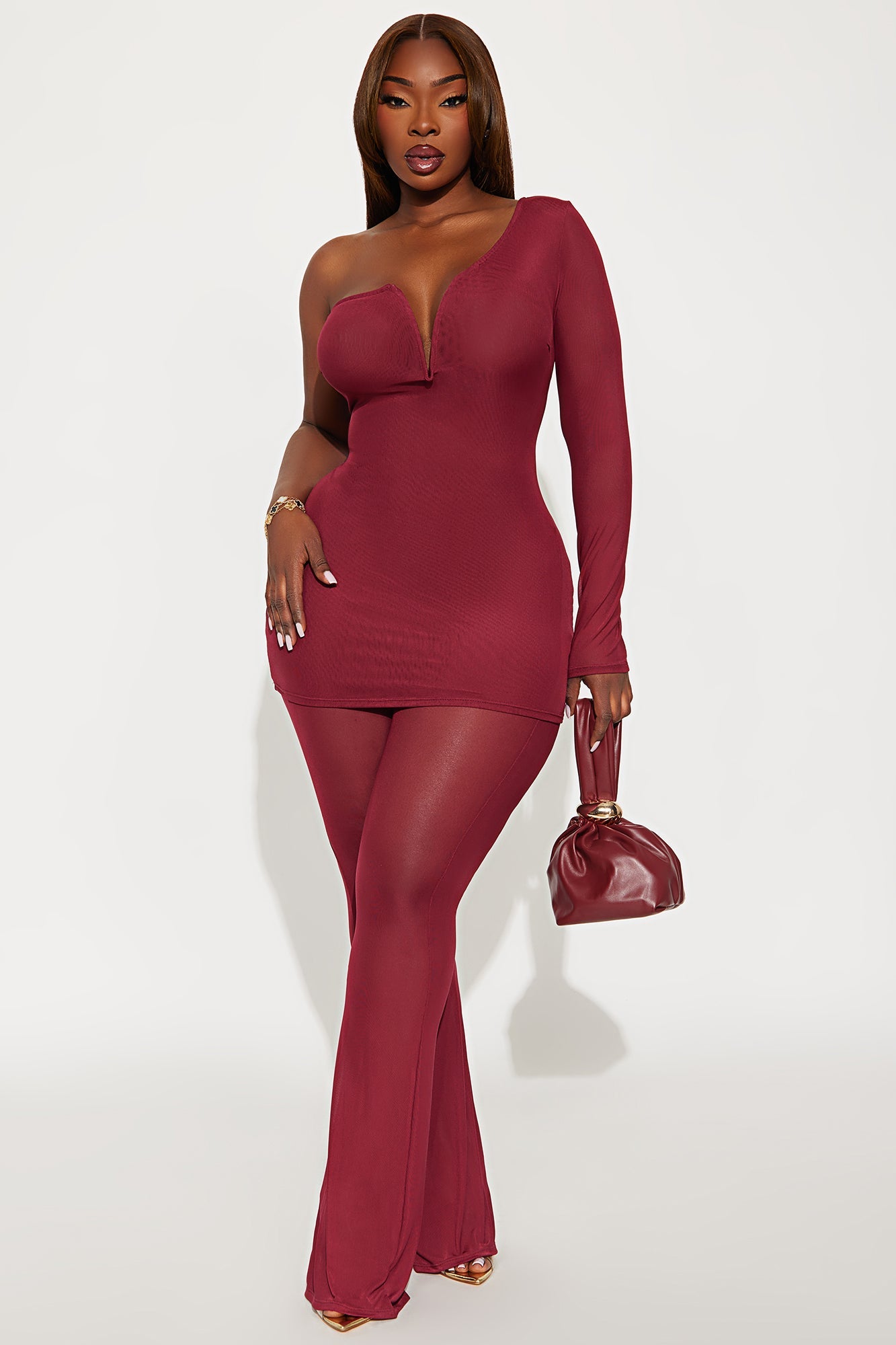 Sierra Mesh One Shoulder Pant Set - Wine