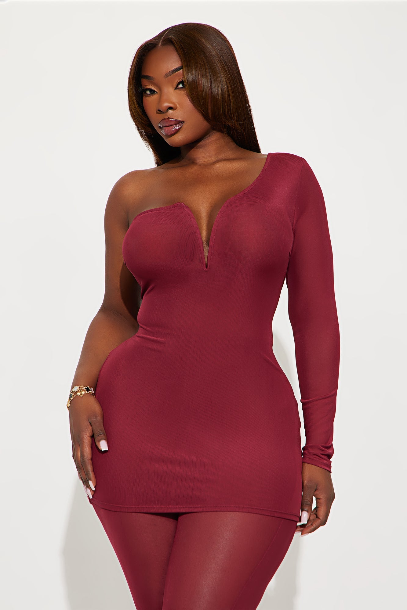 Sierra Mesh One Shoulder Pant Set - Wine
