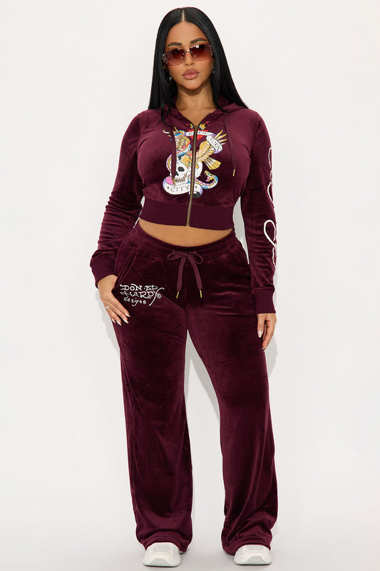 Ed Hardy NYC Skull Velour Pant Set - Burgundy