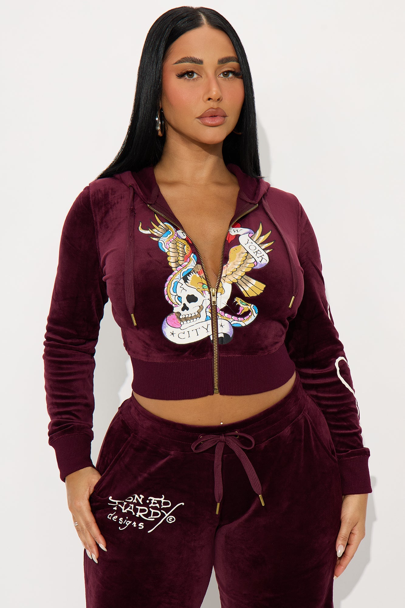 Ed Hardy NYC Skull Velour Pant Set - Burgundy