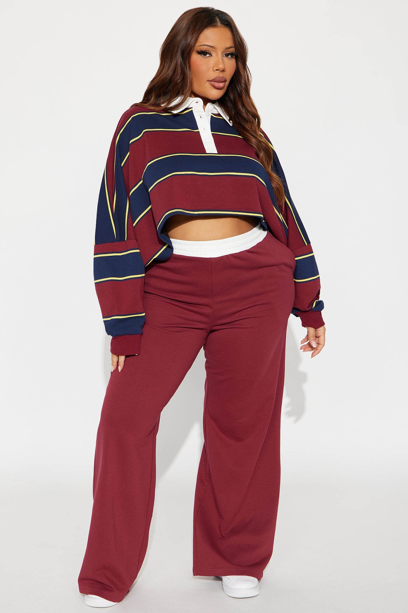 Sydney Striped Polo Lounge Set - Burgundy