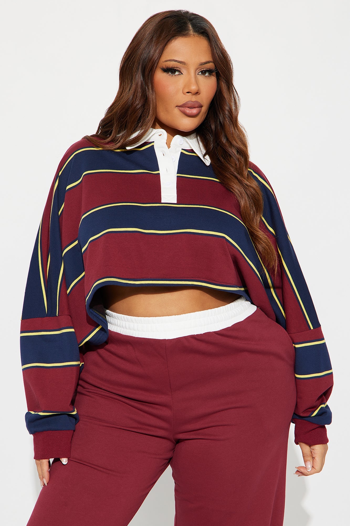 Sydney Striped Polo Lounge Set - Burgundy