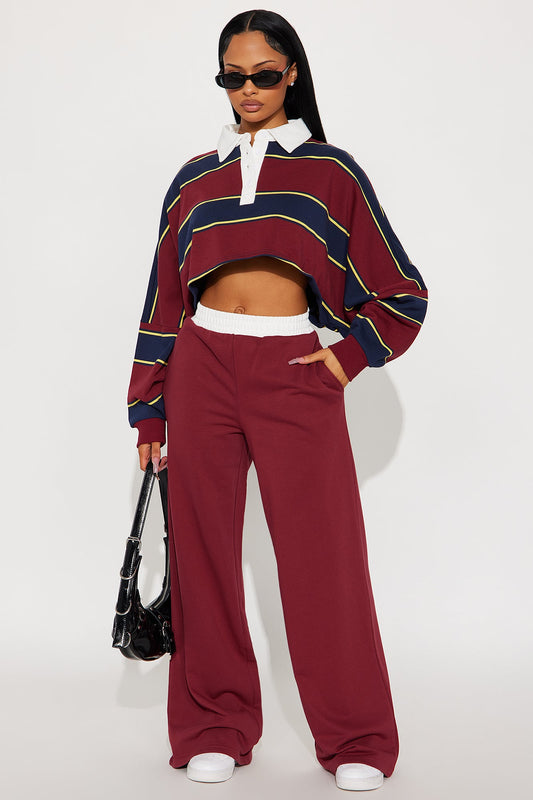 Sydney Striped Polo Lounge Set - Burgundy