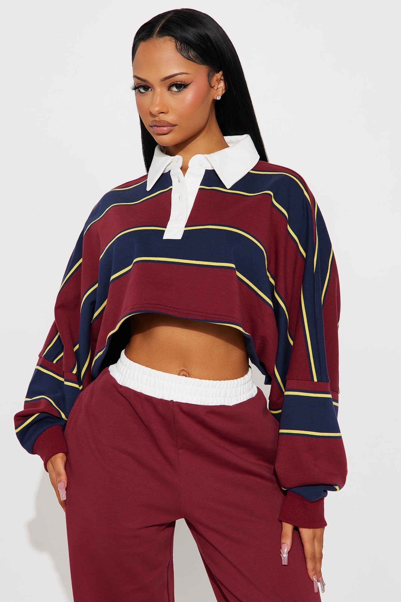 Sydney Striped Polo Lounge Set - Burgundy